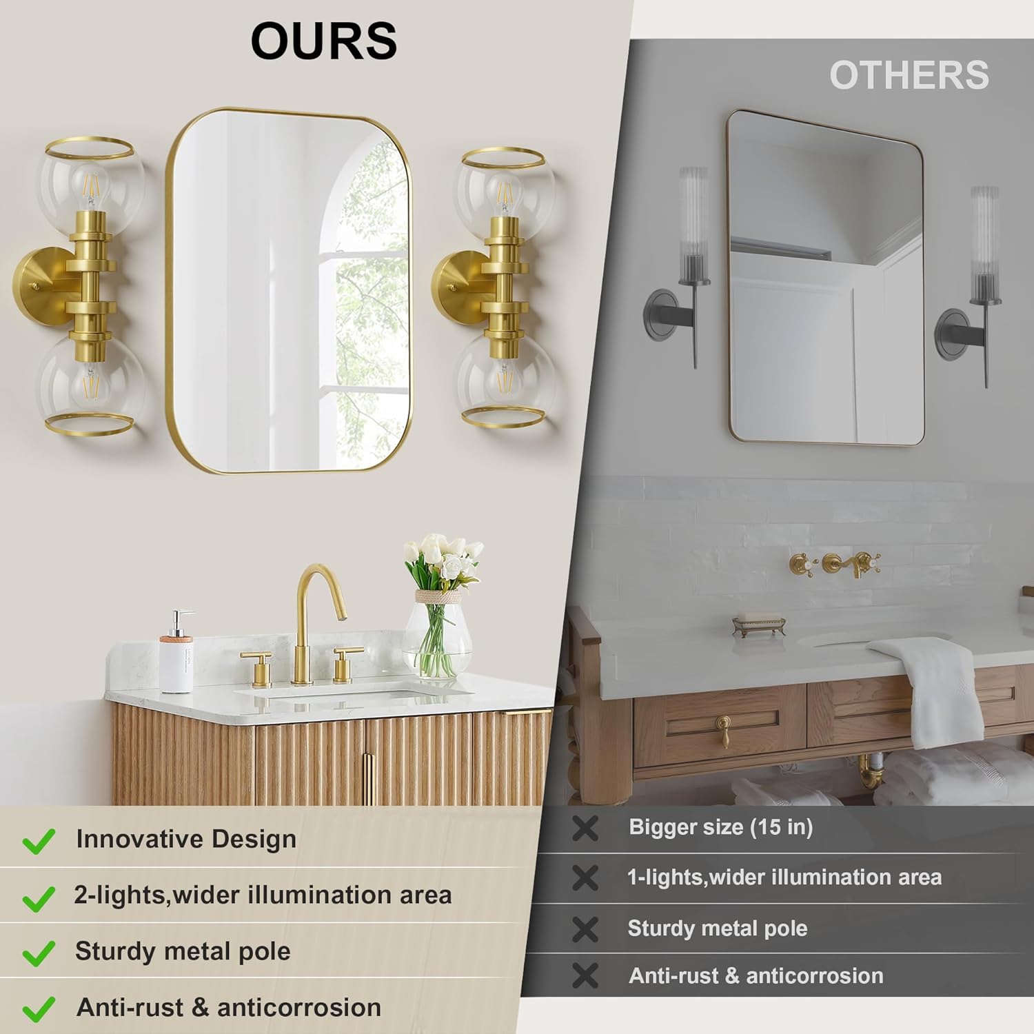 Bathroom Sconces Set of Two, Brushed Gold Wall Sconces with Clear Glass, Hardwired Modern Sconces Wall Decor Set of 2, Wall Light Fixtures for Bathroom Living Room Mirror Hallway Bedroom