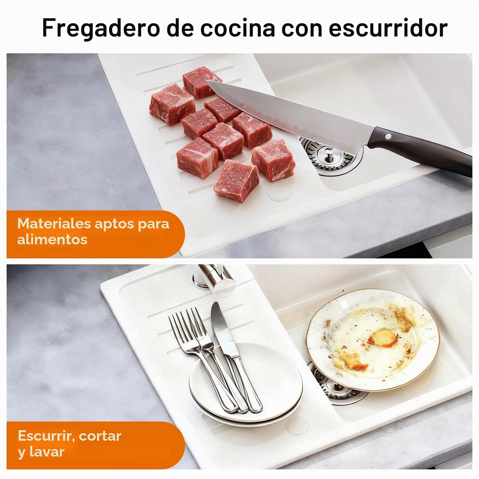 HOROW Fregadero de granito de 57 × 45 cm, montaje a la izquierda o a la derecha, resistente a los arañazos, con impregnación, fregadero rectangular, fregadero de cocina empotrable, color blanco