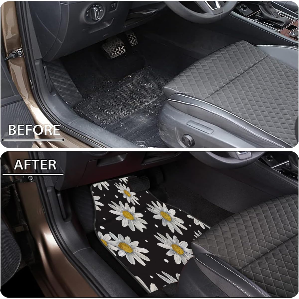 Lot de 4 tapis de voiture universels en polyester imprimé marguerites blanches pois noirs avec dos antidérapant pour voitures, SUV, camions et camionnettes