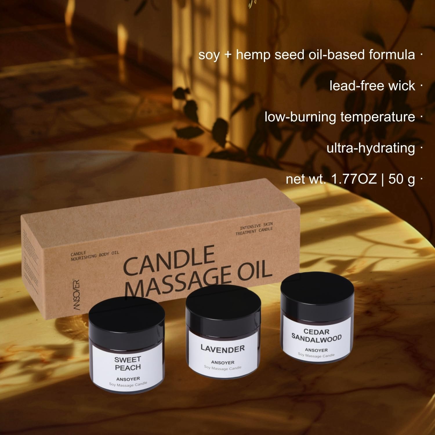 Kit de 3 Velas de Masaje Aromático 150g: Velas de Aceite Corporal de Baja Temperatura para Relajación y Aromaterapia | Set de Regalo (DULCE MELOCOTÓN+Lavanda+CEDRO & SÁNDALO)