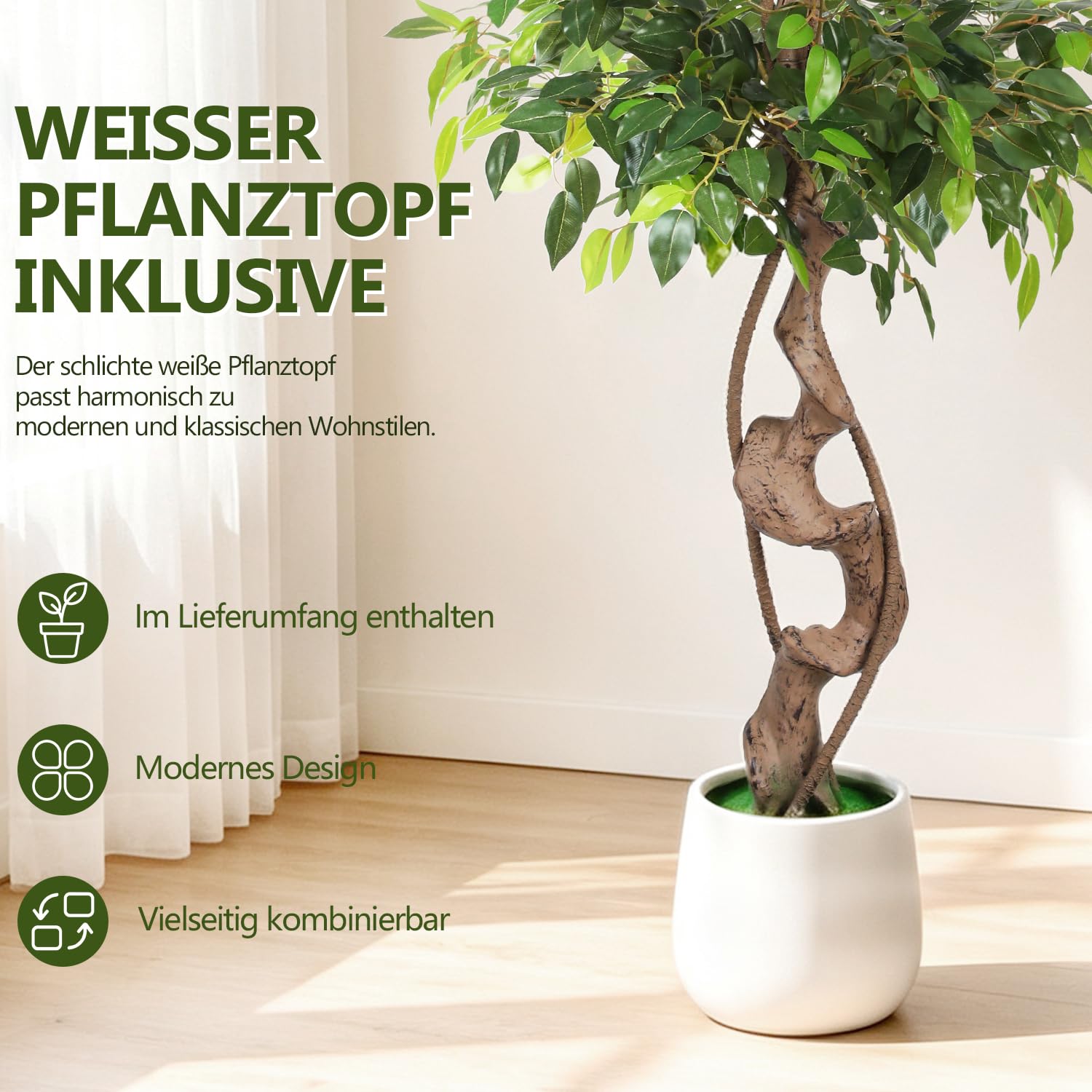 Ficus-Kunstbaum 120cm Birkenfeige mit zweistufiger Krone im weißen Topf