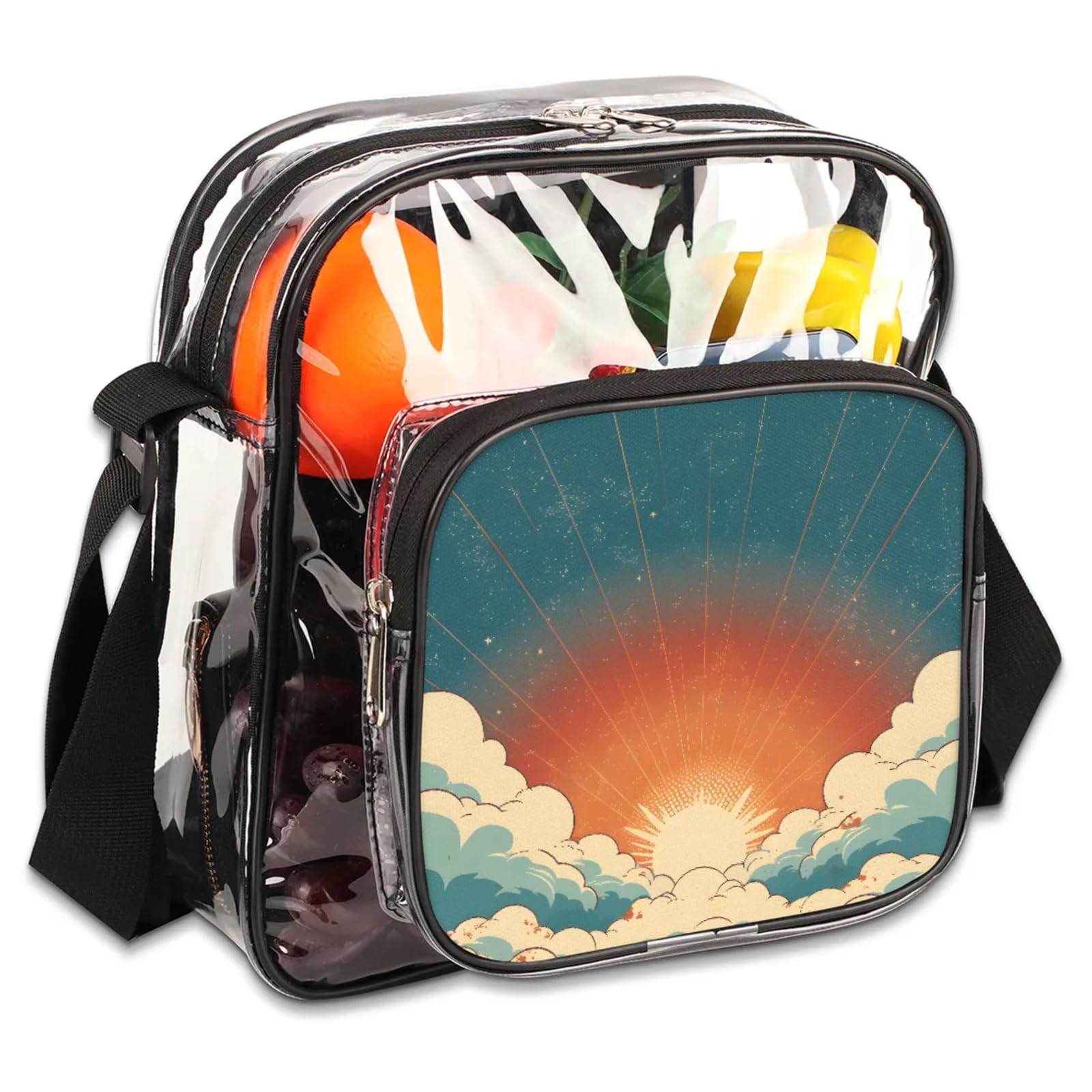 Clear Crossbody Bag Stadium Approved Sunrise Transparent Bag for Festivals, Sports Events, Concerts,Beach Bag for Women Men Clear Purse with Front Pocket Messenger Bag with Adjustable Strap