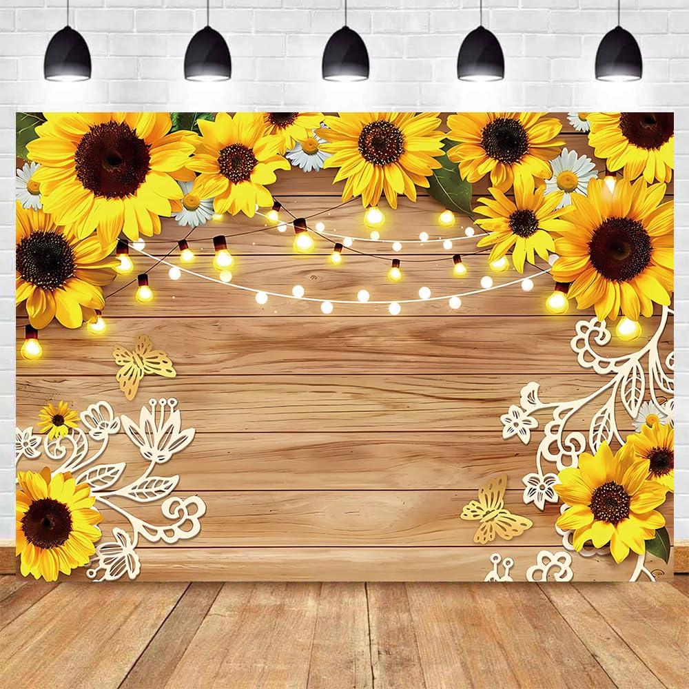 Yongqian Rustic Sunflower Photography Backdrop Farmhouse Floral Wooden Lights Wedding Birthday Party Decoration Sunflower Background Photo Studio