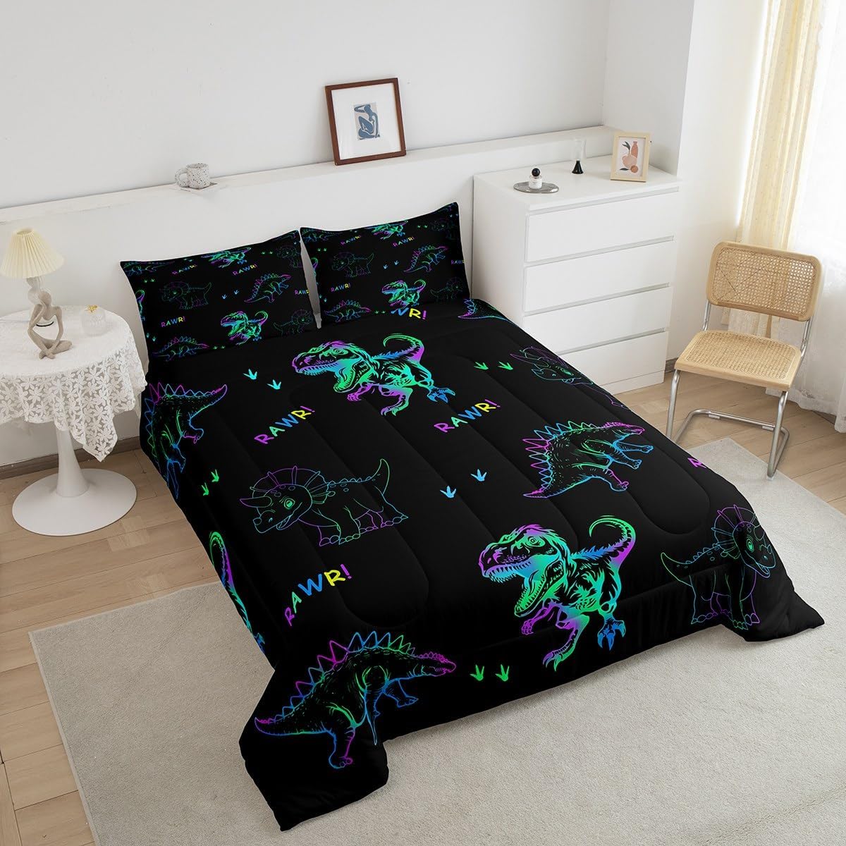 Trippy Dinosour Kids Comforter Set King Size,Wildlife Animals Paws Toddle Bedding Set,Boys Men Room Decor,Watercolor Neon Dinosaur Down Comforter,Black Cute Duvet Insert,2 Pillowcases