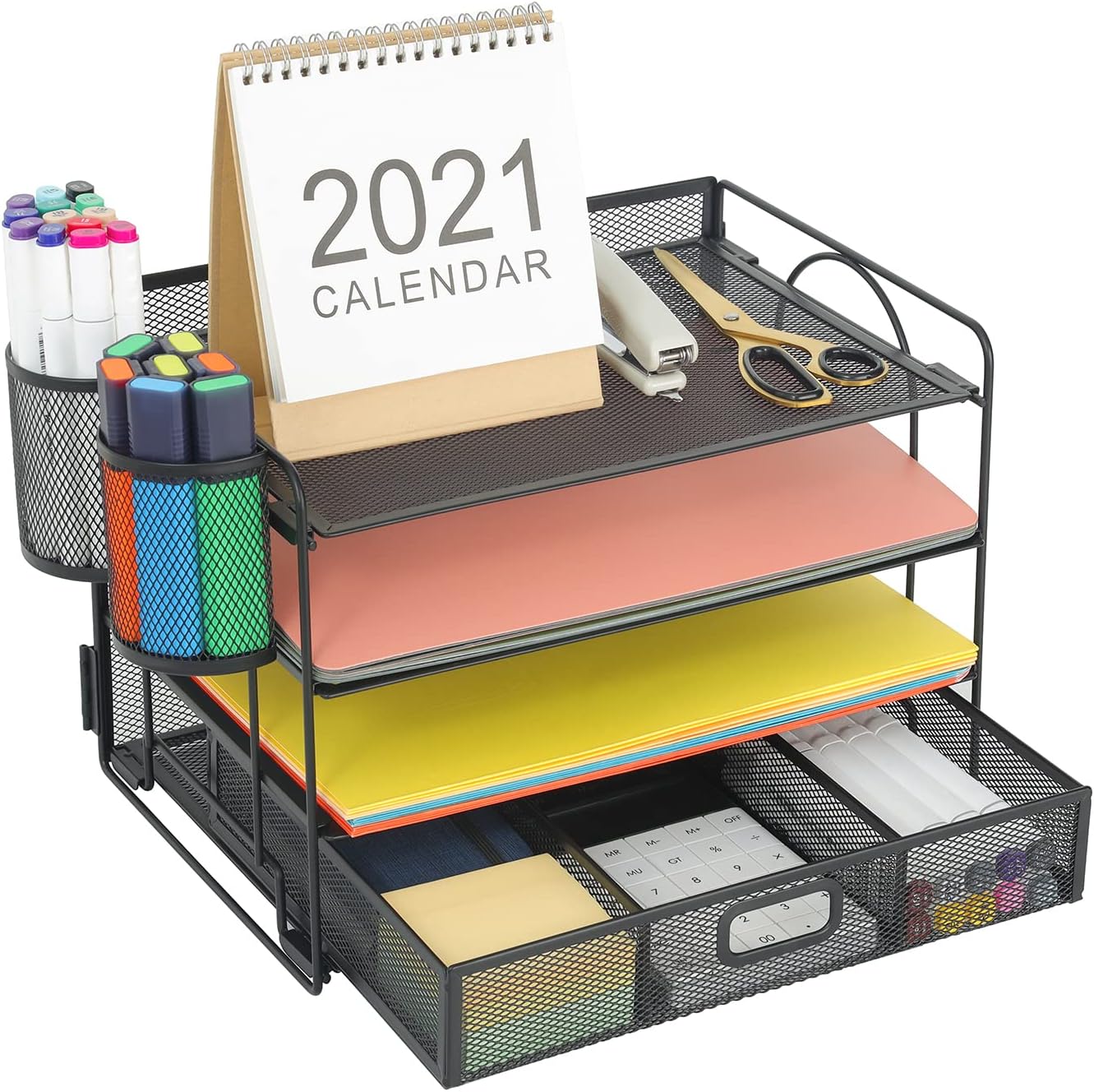 4-Trays Desktop File Organizer with Pen Holder | Paper Letter Tray with Drawer and 2 Pen Holder | Mesh Office Supplies Desk Organizer for Home Office (Black)