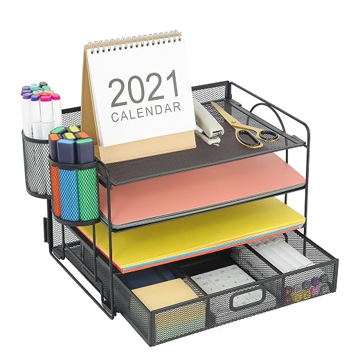 Marbrasse 4-Trays Desktop File Organizer with Pen Holder | Paper Letter Tray with Drawer and 2 Pen Holder | Mesh Office Supplies Desk Organizer for Home Office (Black)