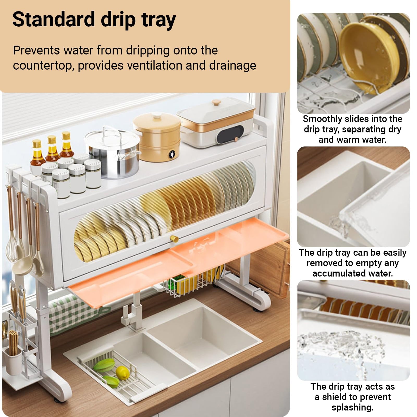 Égouttoir à vaisselle réglable en hauteur en acier inoxydable, grande capacité de séchage et égouttoir de rangement, organiseur de comptoir de cuisine multifonction avec porte-ustensiles