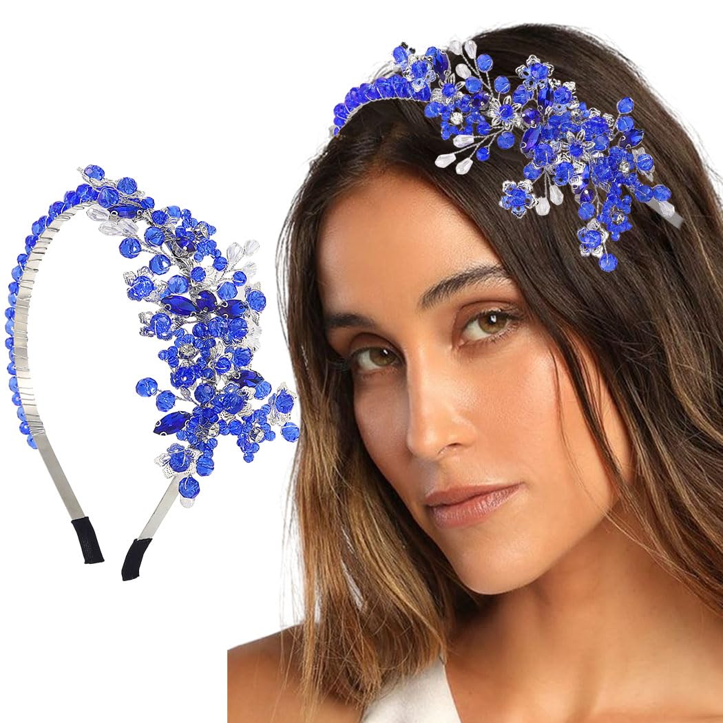 Vakkery Diadema de cristal para novia, corona azul, diadema de flores, tiara de novia, accesorios para el cabello de boda para mujeres y niñas
