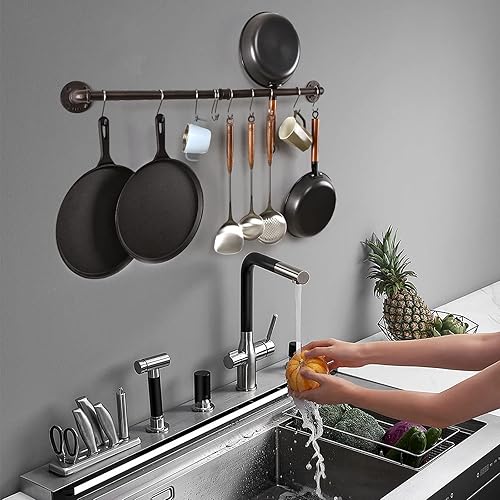 Miniatura 7 de Estante para ollas de tubería, soporte industrial para tapa de utensilios de cocina, organizador de cocina, barra colgante con ganchos en S (36