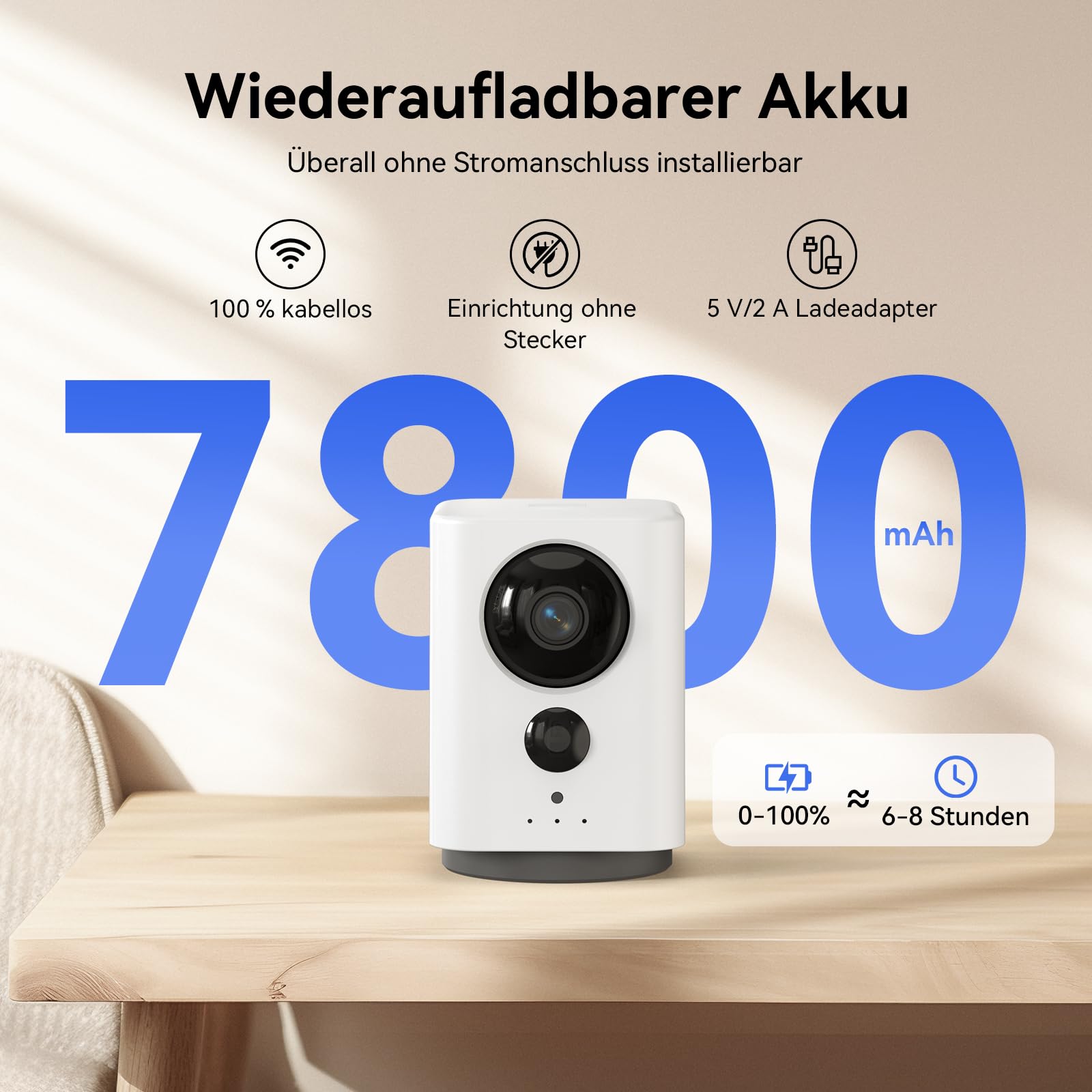 2K WLAN Überwachungskamera Innen 7800mAh Akku, Indoor Kamera Kabellos | 360° PTZ, Aufladbar IP Innenkamera, für Baby, Haustiere, Farb-Nachtsicht, PIR Personenerkennung, 2 Wege Audio, 2.4GHz