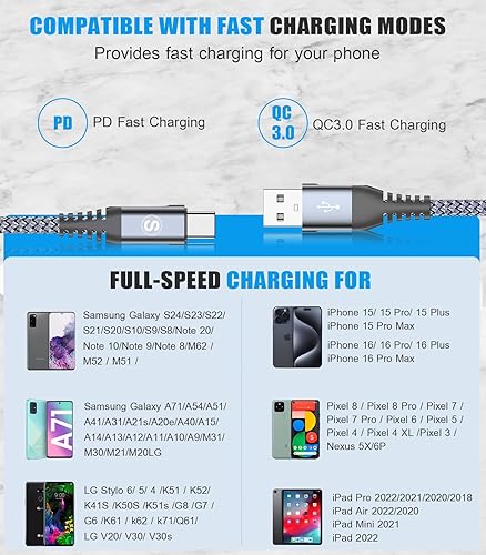 Miniatura 6 de sweguard Cable de carga USB tipo C 2 unidades, 10 pies + 10 pies cargador iPhone 15 cable trenzado de nailon para iPhone 15 Pro Max Samsung Galaxy