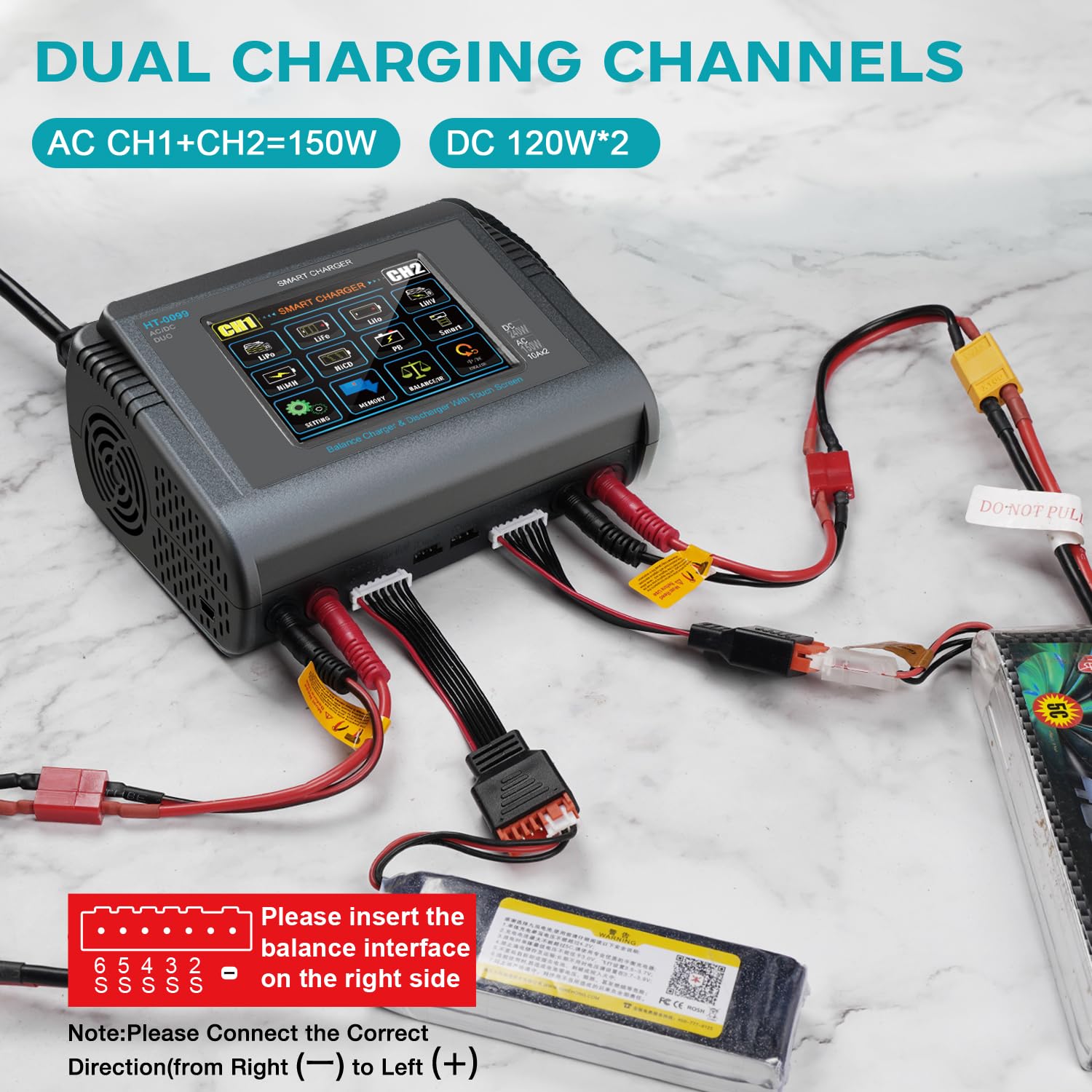 Haisito LiPo Ladegerät, Touchscreen Dual Balance Ladegerät Entlader AC 150W DC 240W 10A für Li-Ionen-Lebensdauer NiCd NiMH LiHV PB Smart Akku