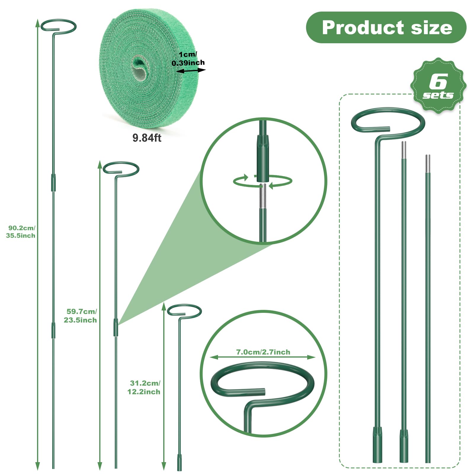 6 set di pali di supporto per piante, 30,5/63/91,4 cm, regolabili