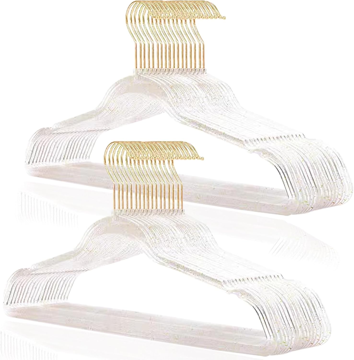 VSV stoage Clear Clothes Hangers 16", 40 Pack Plastic Coat Hanger for Adult Closet, Bling Thin Hangers with Swivel Gold Hook, Notched Shoulders Perchas - Clothing Rack for Bridesmaid Dresses