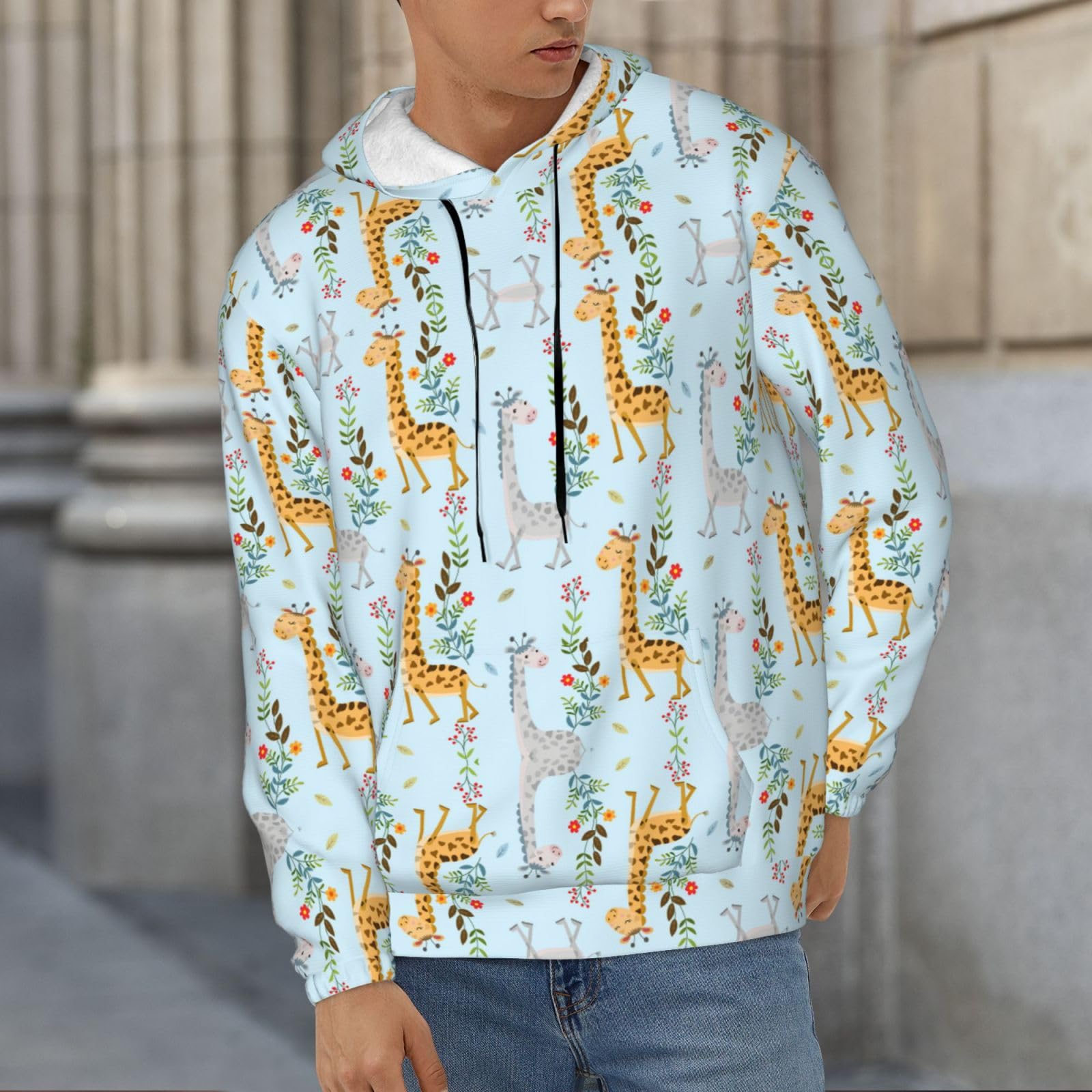 Męska bluza z kapturem z uroczym nadrukiem w kwiaty żyrafy, casualowa grafika z nadrukiem bluzy z kapturem z kieszenią