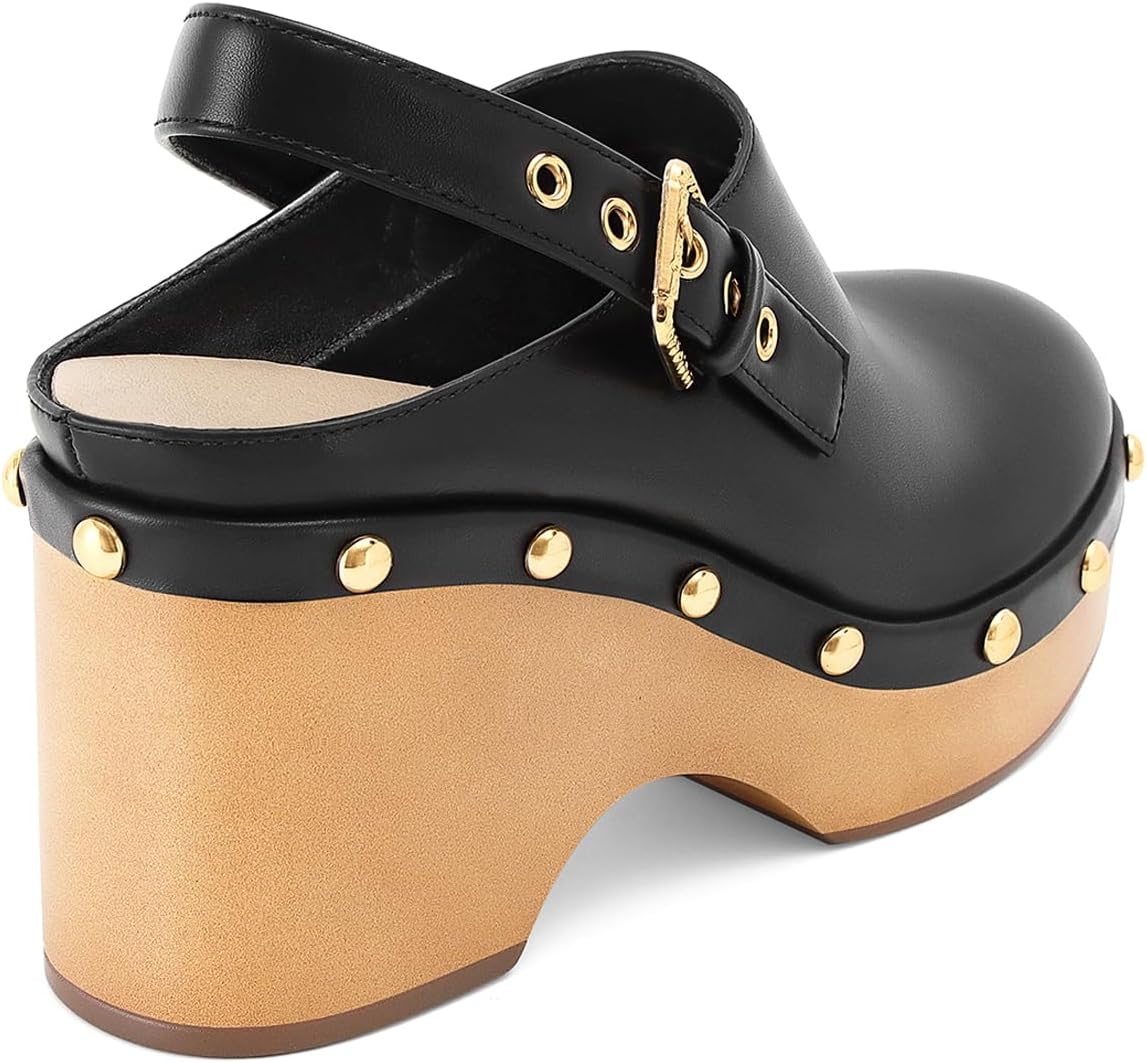 Women’s Leather Studded Clogs Closed Toe Slip on Vintage Platform Mules Wedge Heel Fall Buckle Slingback Shoes Daily Comfortable Casual Slides Shoes - Image 7