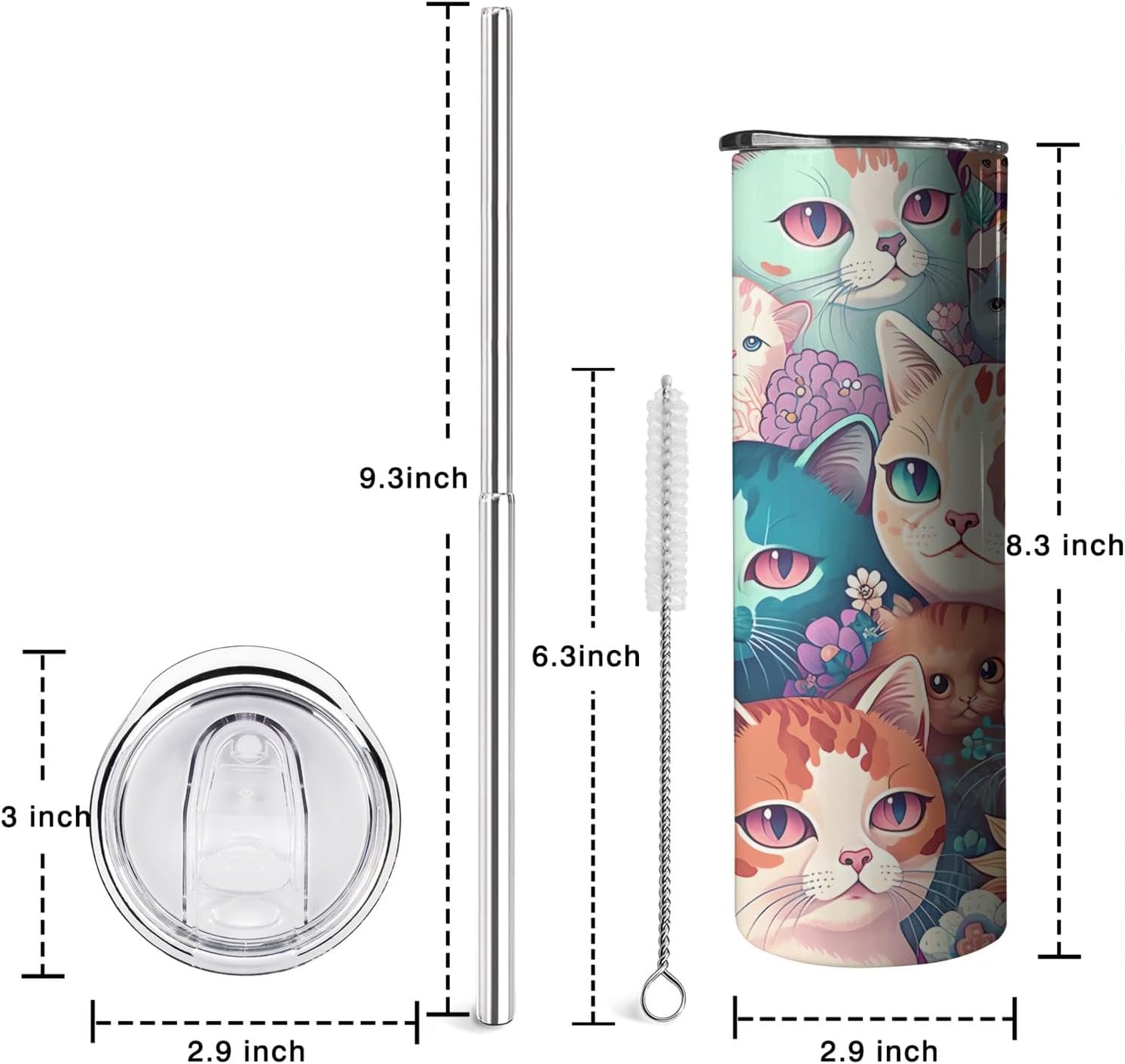 Cute Cat with Flower Tumbler with Handle and Straw, 20oz Stainless Steel Insulated Cup with Lid and Straw, Travel Mug Water Bottle, Gifts for Women - Image 2