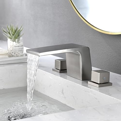 Miniatura 2 de SHAMANDA Grifo de baño en cascada de 3 agujeros 2 manijas cuadradas de latón extendido para lavabo con líneas de suministro de agua cUPC níquel
