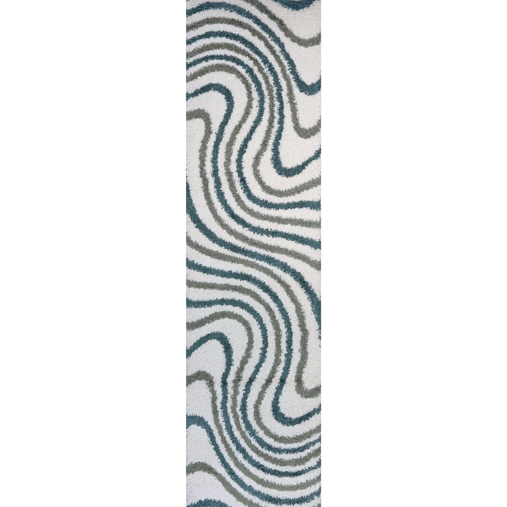 THE RUGS Moodi Wavy Design Shaggy Soft High Pile Living Room Rug & Runner in Green | Size: 80cm x 300cm