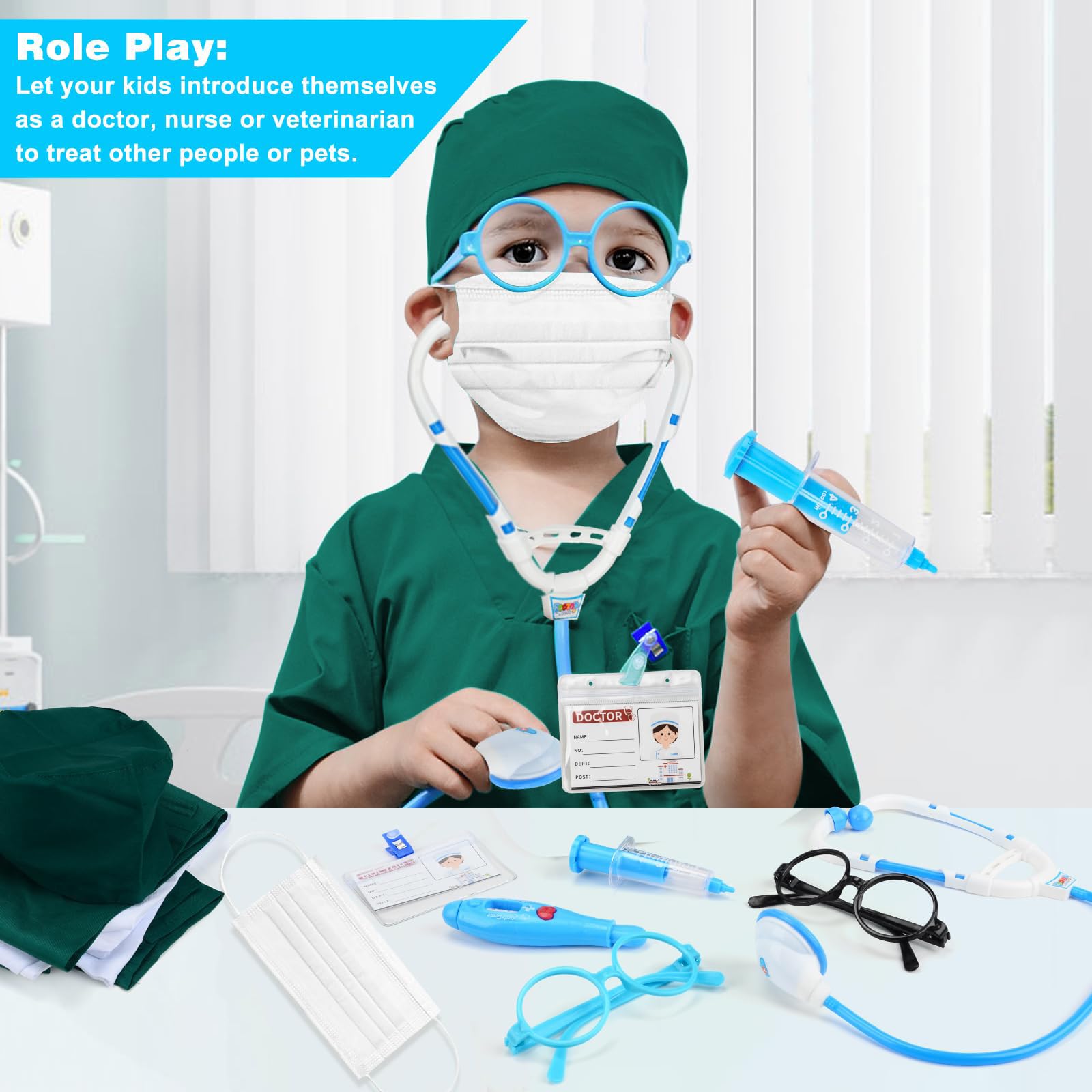 costume da medico, Costume Dottore Bambino Halloween per Bambini dai 3 Anni, stetoscopio, top chirurgico e pantaloni, Kit Dottore Medico Gioco Dottore Costume Carnevale Halloween per Bambini