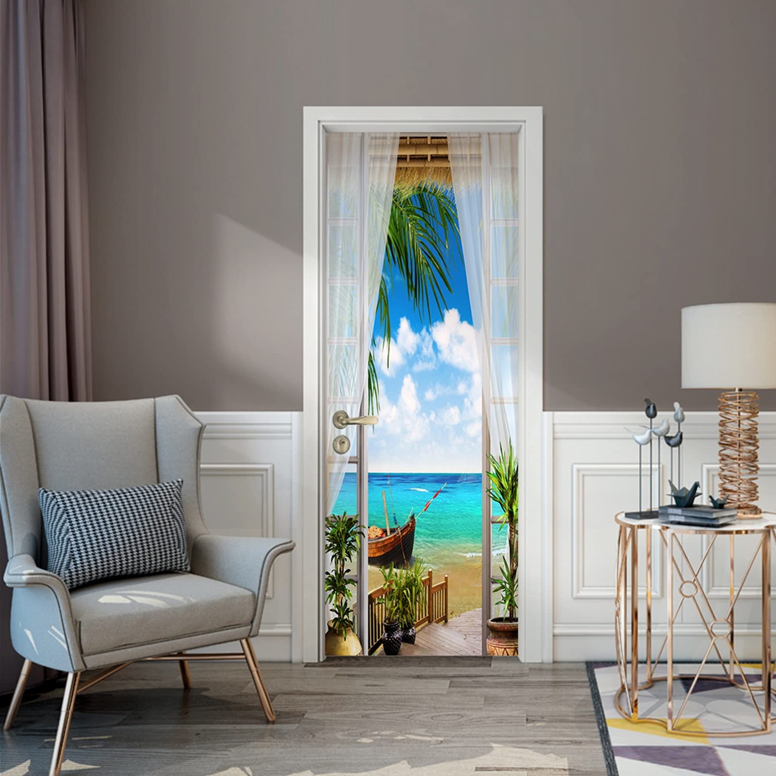 A.Monamour Adesivo Porta Autoadesiva Terrazza Vista Mare Con Tenda In Voile Bianco Spiaggia Sabbiosa Vinile PVC Adesivi per Porte 3D Pellicola Adesiva Poster Sticker Murale Parete Carta da Parati