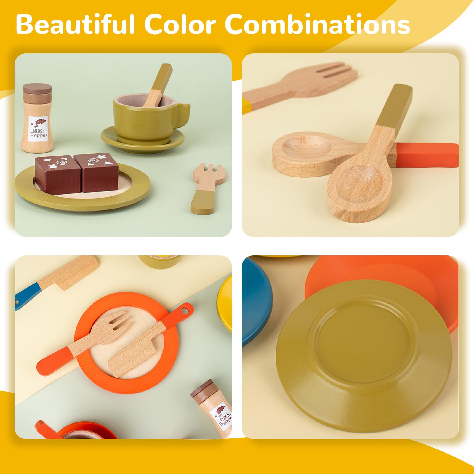 29Pcs Wooden Toy Kitchen Dish Set, Wooden Toy Plates and Dishes for Kitchen Set, Kitchen Role Play Toys gift for Children Kids Girls Ages 3 year old+ - Image 3