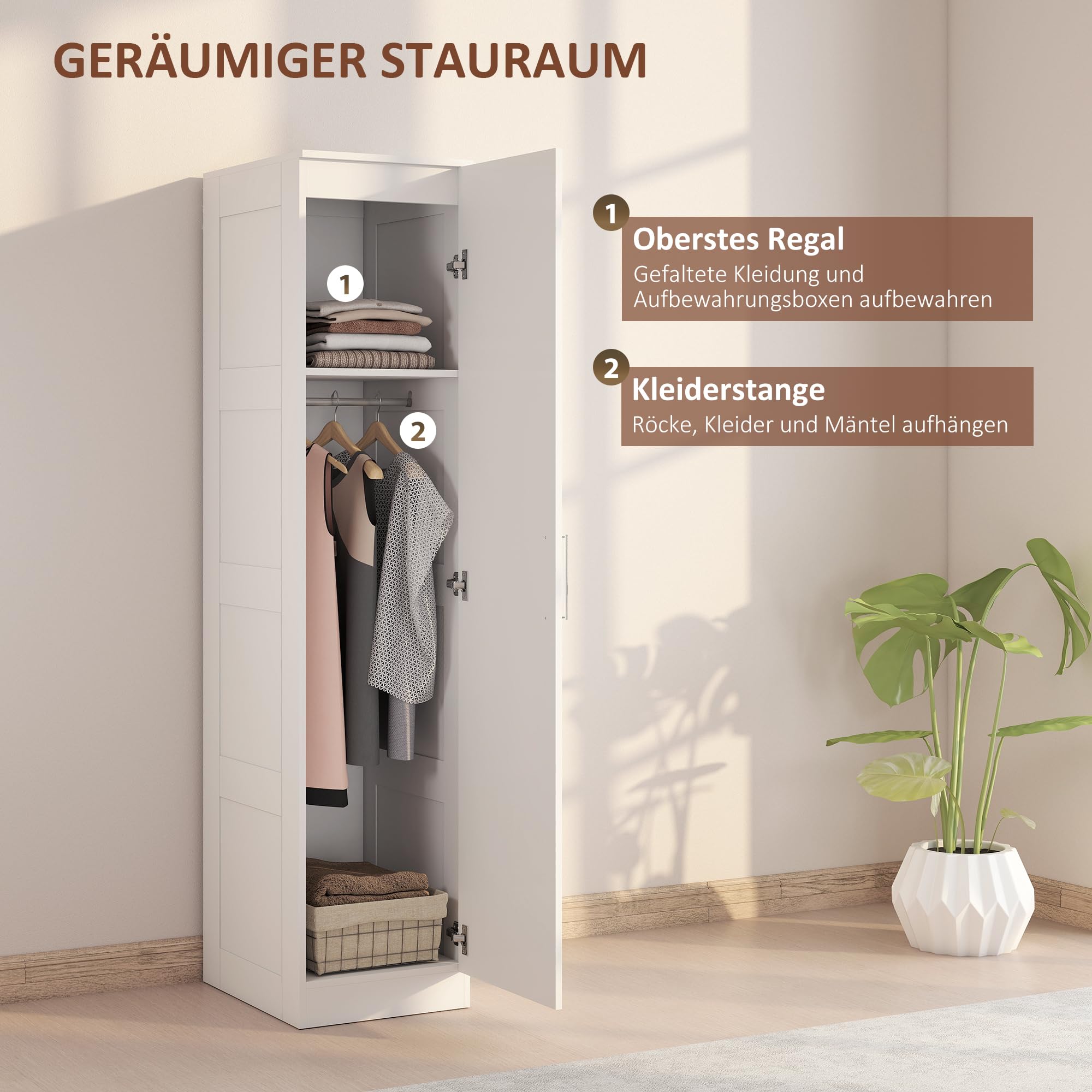 HOMCOM Kleiderschrank Mehrzweckschrank mit Kleiderstange, Regal, Soft-Close-Tür Garderobenschrank Schrank Drehtürenschrank für Schlafzimmer 40 x 52 x 180 cm Weiß