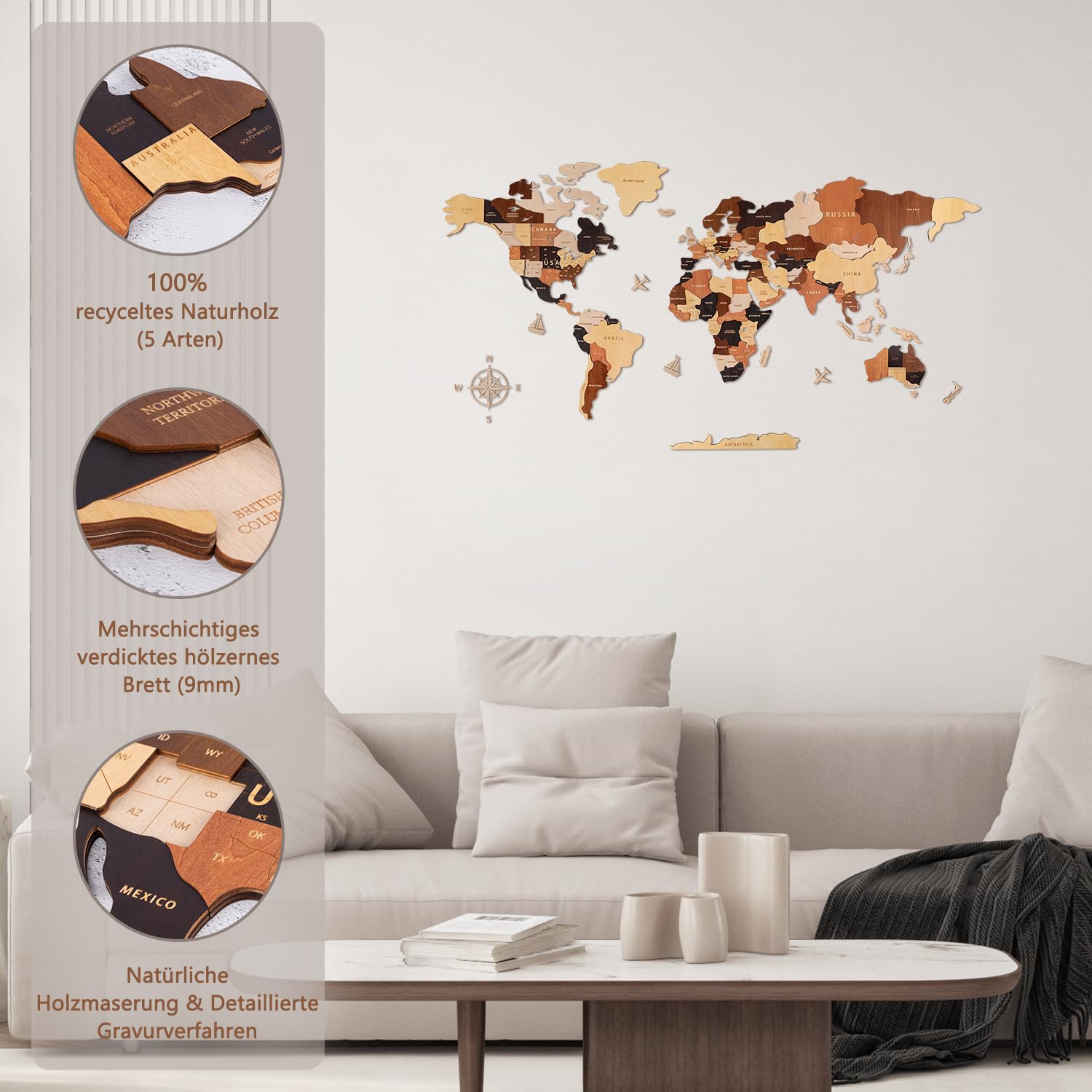 Creawoo 3D Weltkarte Wand Holz Weltkarte Wanddekoration, Wanddeko Wandkunst für Haus, Büro, Schlafzimmer, Holzkarte der Welt, Reisekarte für Wand, Eine Geschenkidee-100x57cm