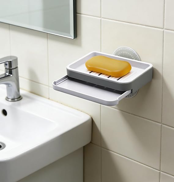 2PCS Double Layer Soap Dish for Shower, Wall Mounted Bar Soap Holder Suction Cup 2 Layer Self Draining Soap Case Sponge Holder for Shower Bathroom, Tub and Kitchen Sink, Drill-Free Tray