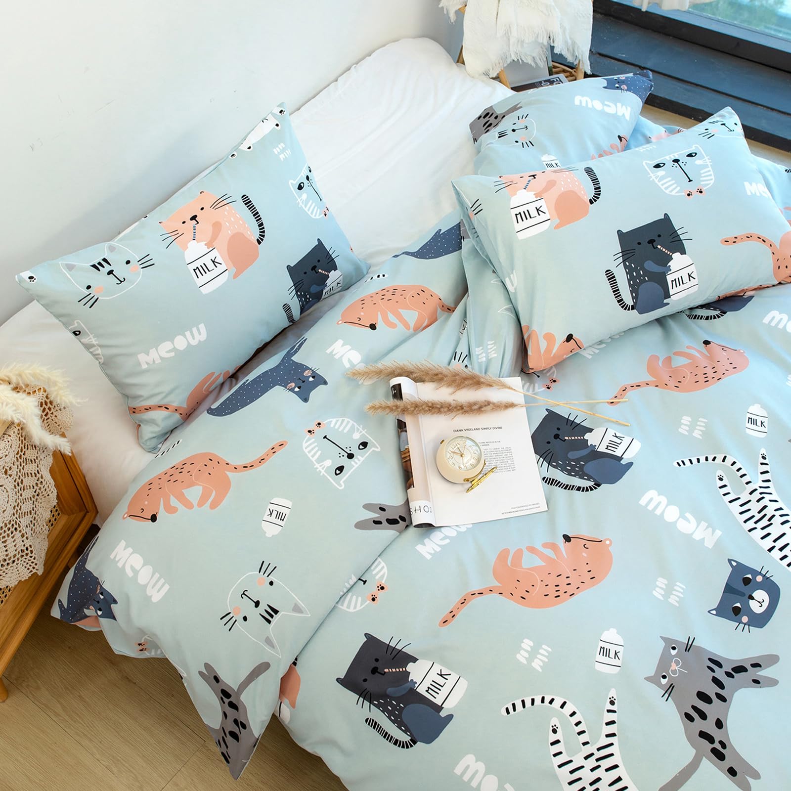 Axolotl Cat Duvet Cover Set - King Size, Colorful Cat Bedding Set with Zipper, 3Pc Cute Comforter Cover Set for Teens Kids Boys Girls Adults, 1 Quilt Cover 2 Pillow Cases