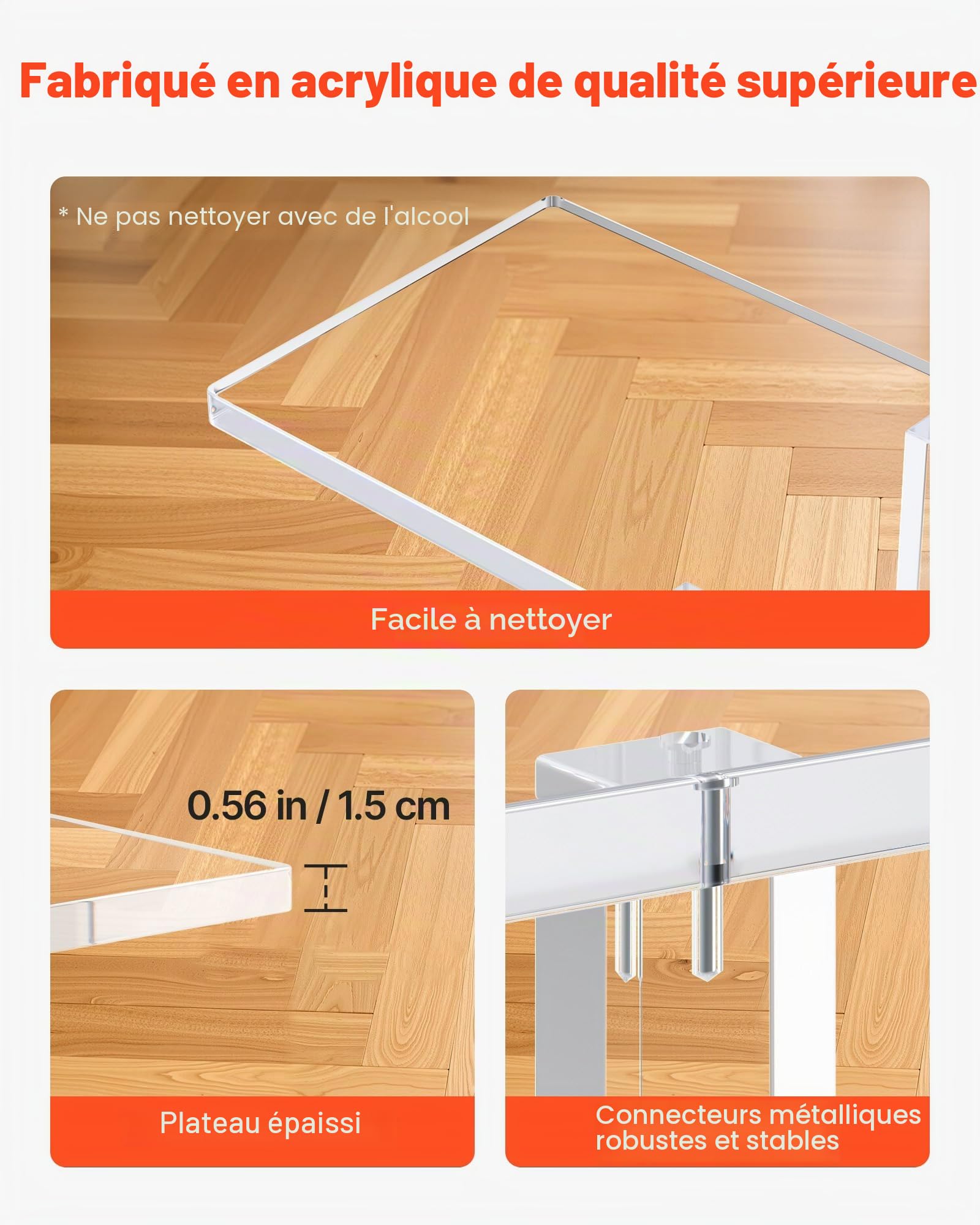 VEVOR Table Console en Acrylique, 19,3 x 100 x 80 cm, Table d'appoint étroit à 2 Niveaux avec Rangement Ouvert en Bas, Bureau d'entrée rectangulaire Moderne, pour Chambre, Couloir, Salon, Transparent