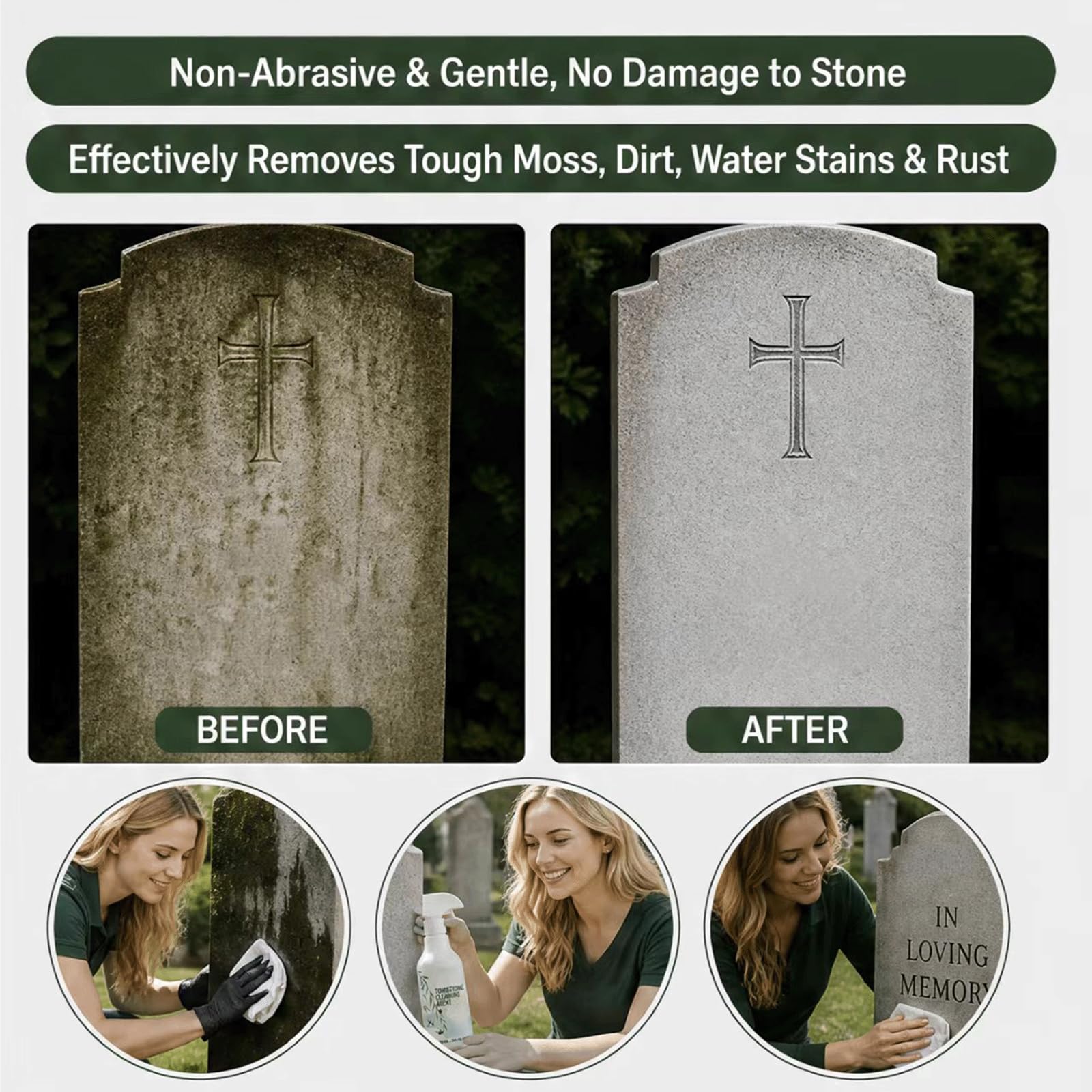 Spray de limpieza seguro y no abrasivo para lápidas y monumentos, elimina el musgo duro, la suciedad y las manchas de agua al instante, sin daños, restaura el brillo y forma una película protectora