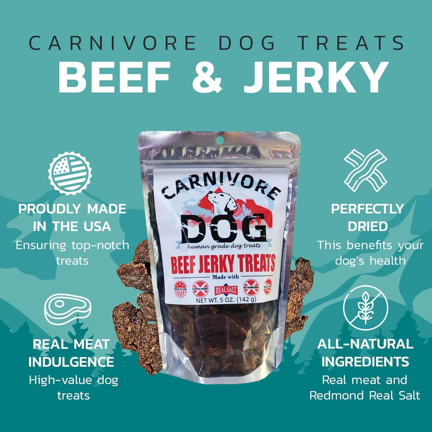 Carnivore Dog Treats, Human Grade, Grass-fed and Finished Beef Made with Redmond Real Salt, No Additives - Healthy, Chewy, Training Snacks for All Breeds, Grass-fed Beef Jerky, Pack of 3