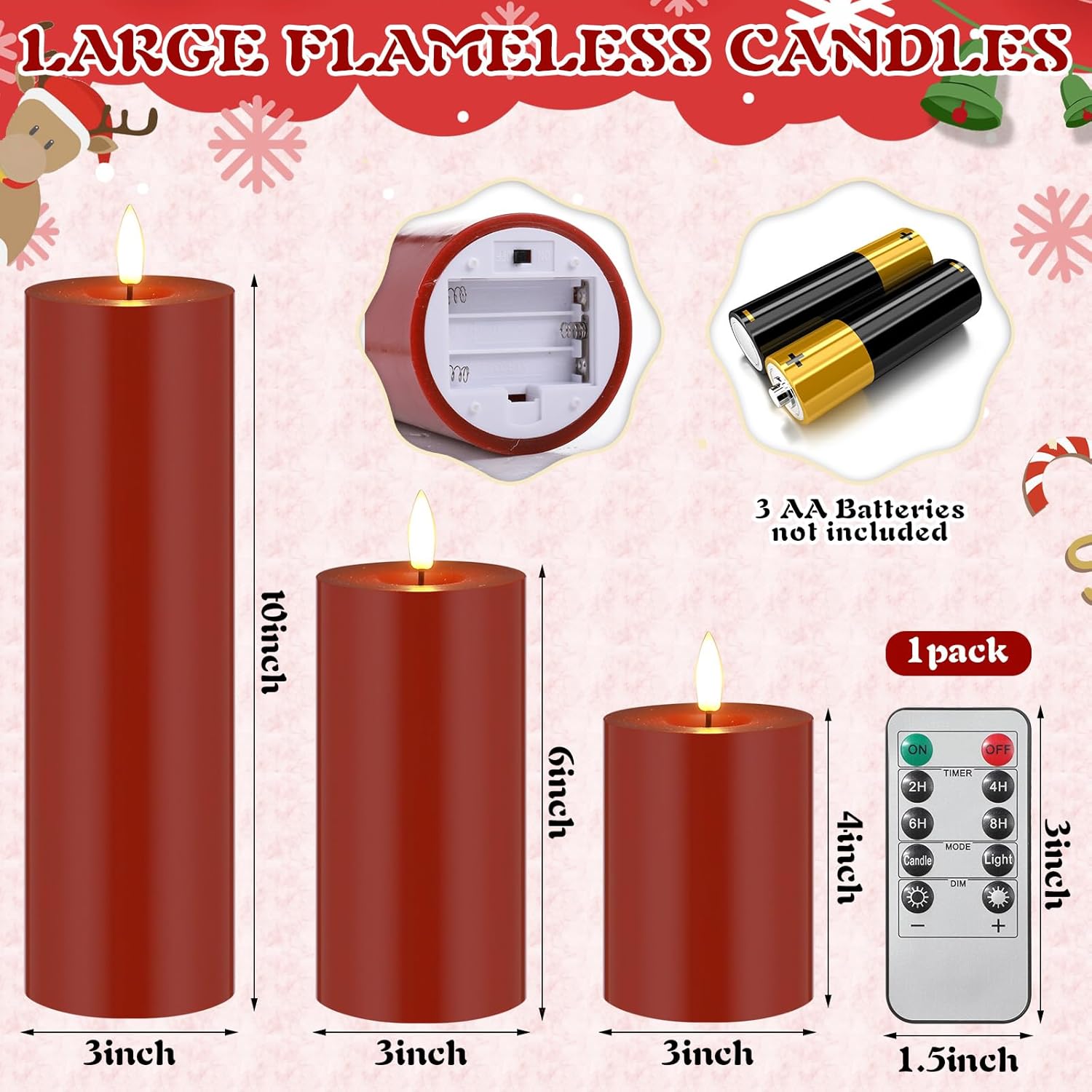 Retisee 3 Pcs Fall Thanksgiving Large Flameless LED Battery Operated Candles with Remote Halloween Real Wax Candles for Indoor Outdoor Party Wedding Lights Decorations (Red)