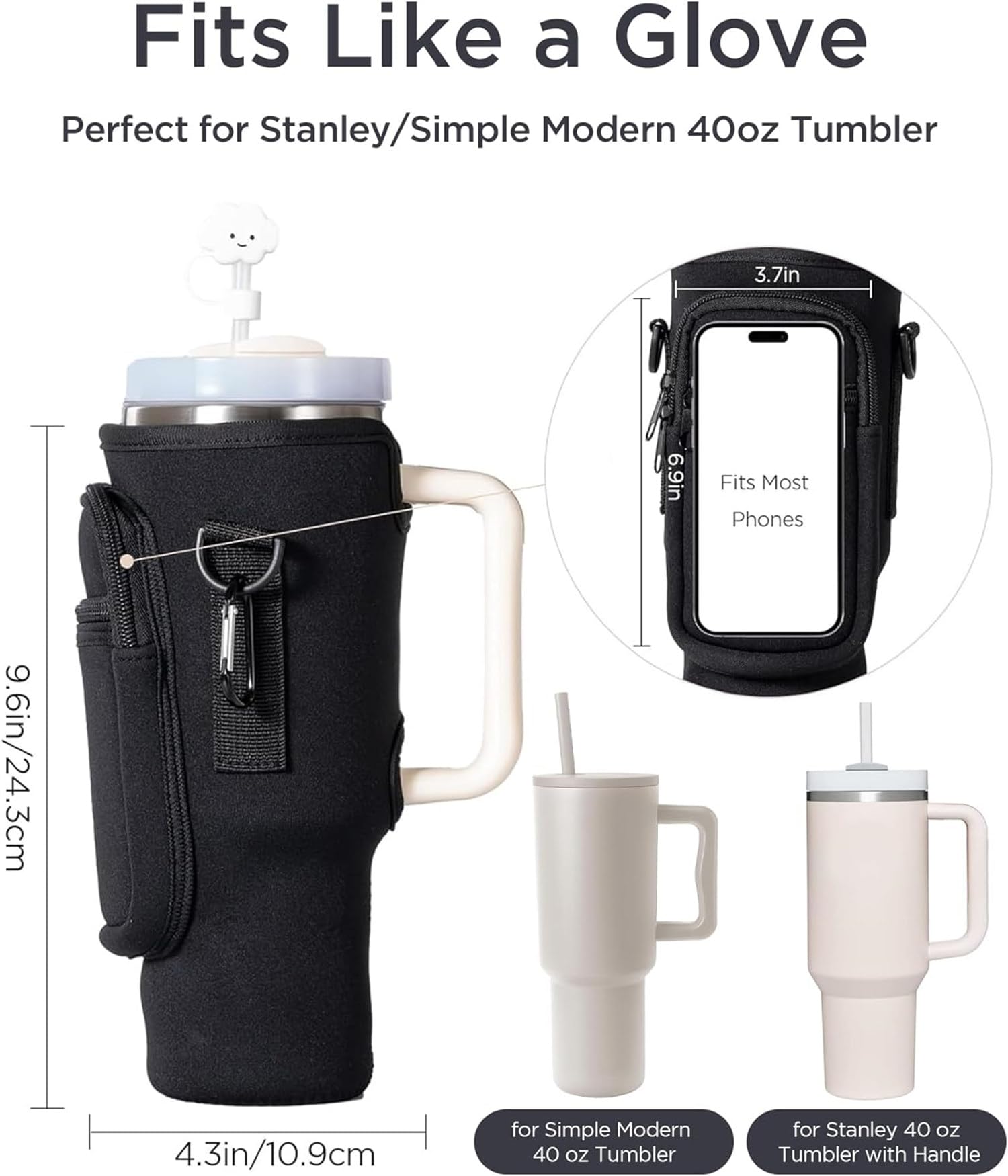 Neoprene Carrier Bag For 40oz Stanley Cup - Water Bottle Holder With Phone Pocket & Adjustable Strap