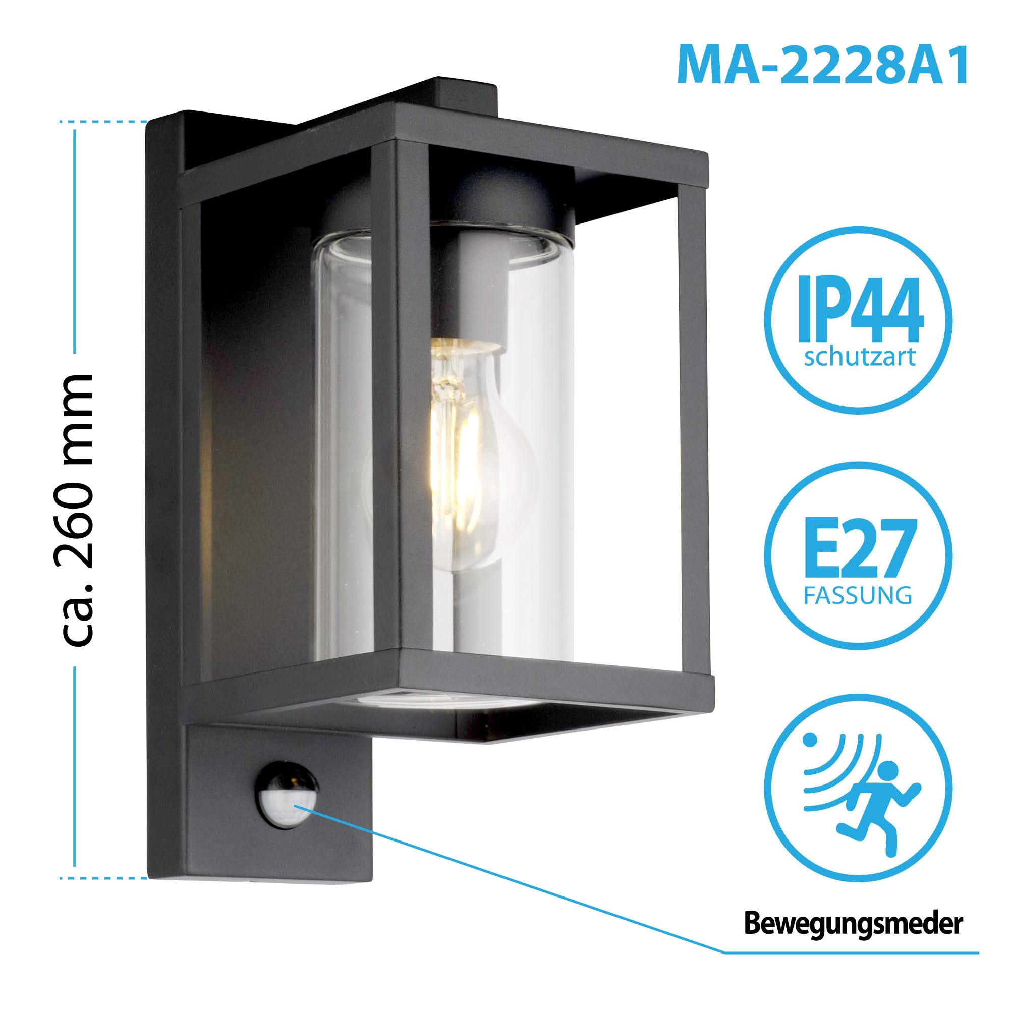 Maxkomfort Elegante Aussenwandleuchte mit Bewegungsmelder- Aussenlampe aus Edelstahl in Schwarz, IP44, E27 Fassung, 185 x 130 x 260 mm, 2228A1