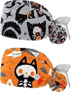 2 Packs Halloween Cat Nurse Scrub Caps Women Long Hair, Adjustable Tie Back Skull Hat, One Size Working Head Cover