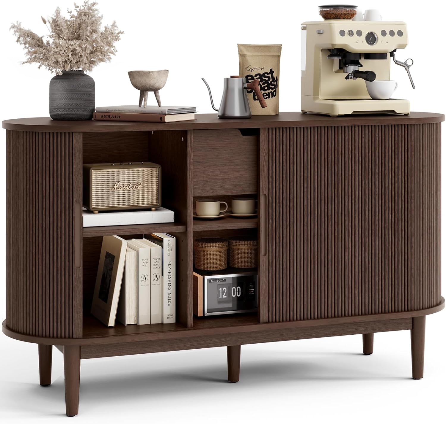 LINSY HOME 55-inch Fluted Sideboard Buffet Cabinet in Vintage Walnut