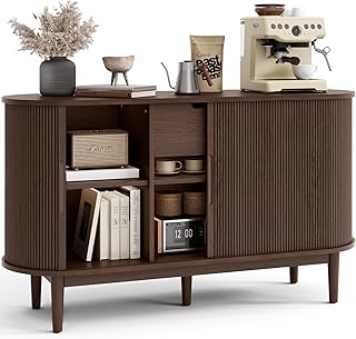 LINSY HOME Sideboard Buffet Cabinet with Storage, 55" Fluted Coffee Bar Cabinet with Tambour Sliding Doors and Drawer, Mid Century Modern Wood Storage Buffet Table for Kitchen, Vintage Walnut