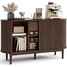 LINSY HOME Sideboard Buffet Cabinet with Storage, 55" Fluted Coffee Bar Cabinet with Tambour Sliding Doors and Drawer, Mid Century Modern Wood Storage Buffet Table for Kitchen, Vintage Walnut