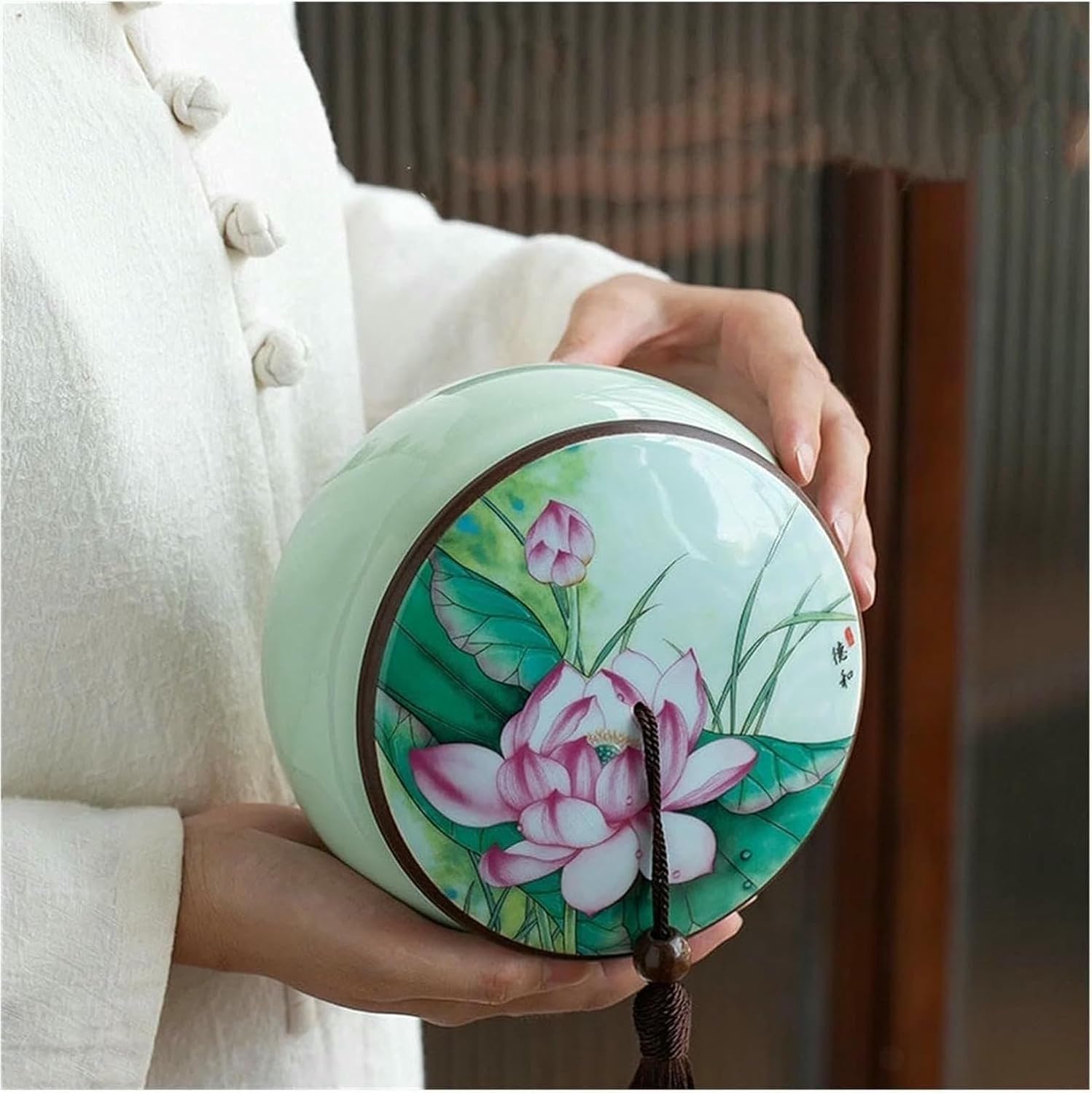 Chinese Ceramic Tea Caddy Set, Multifunctional Storage Tank with Wooden Box, Tea Container for Spices, Gifts, and More~/