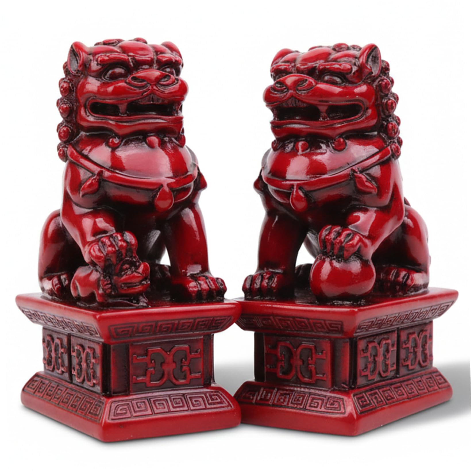DAGLLGEW Foo Dogs Statues Pair, Wooden Guardian Chinese Decor Traditional Feng Shui Cultural Art Piece Asian Decor for Home Office, Red Feng Shui Foo Dogs Statues Pair