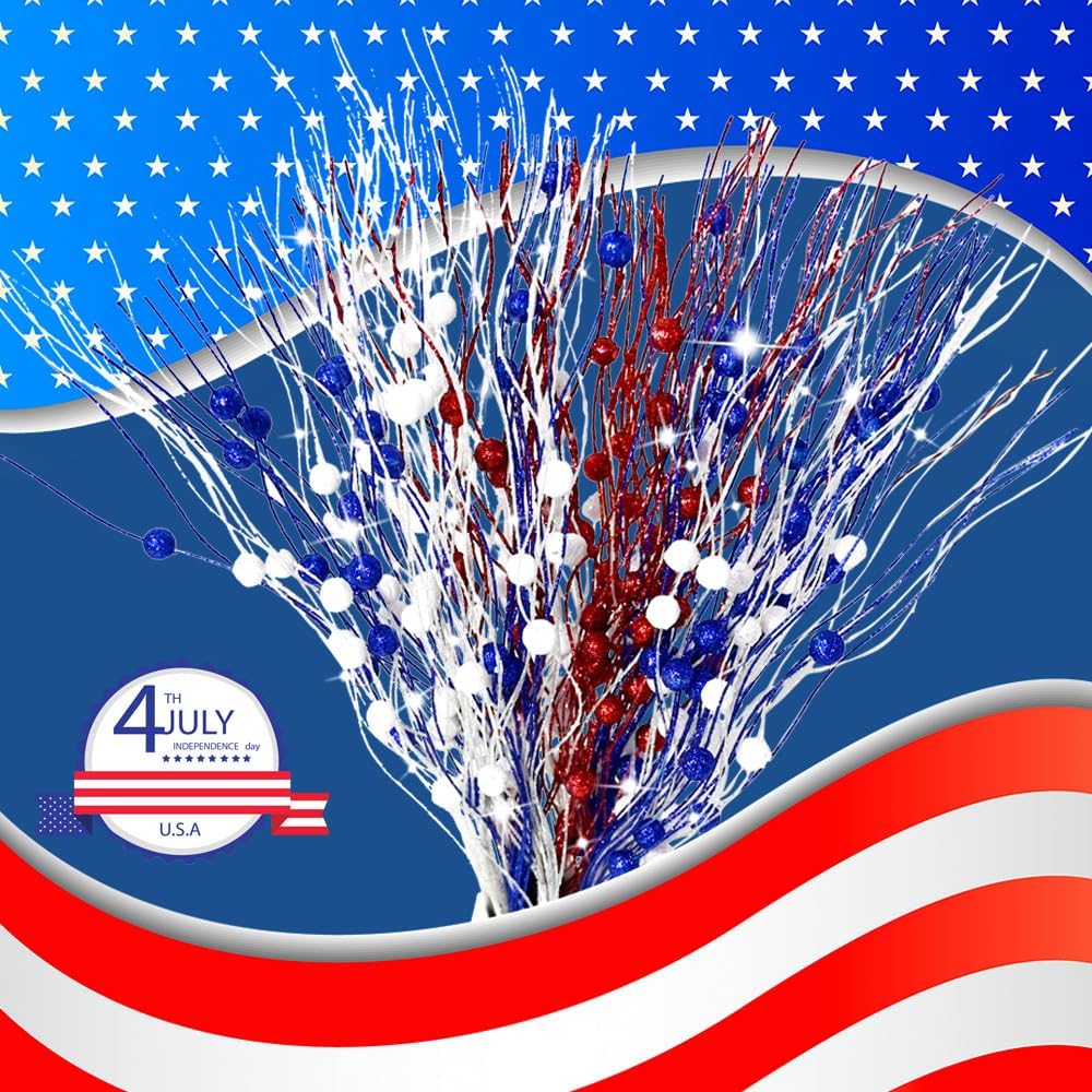 12 pcs 4th of July Decorations, Independence Day Table Centerpiece Decor 16 Inch Patriotic Artificial Tree Topper Picks Carnival Glitter Berry Stems Home Office Desk Vase (12)
