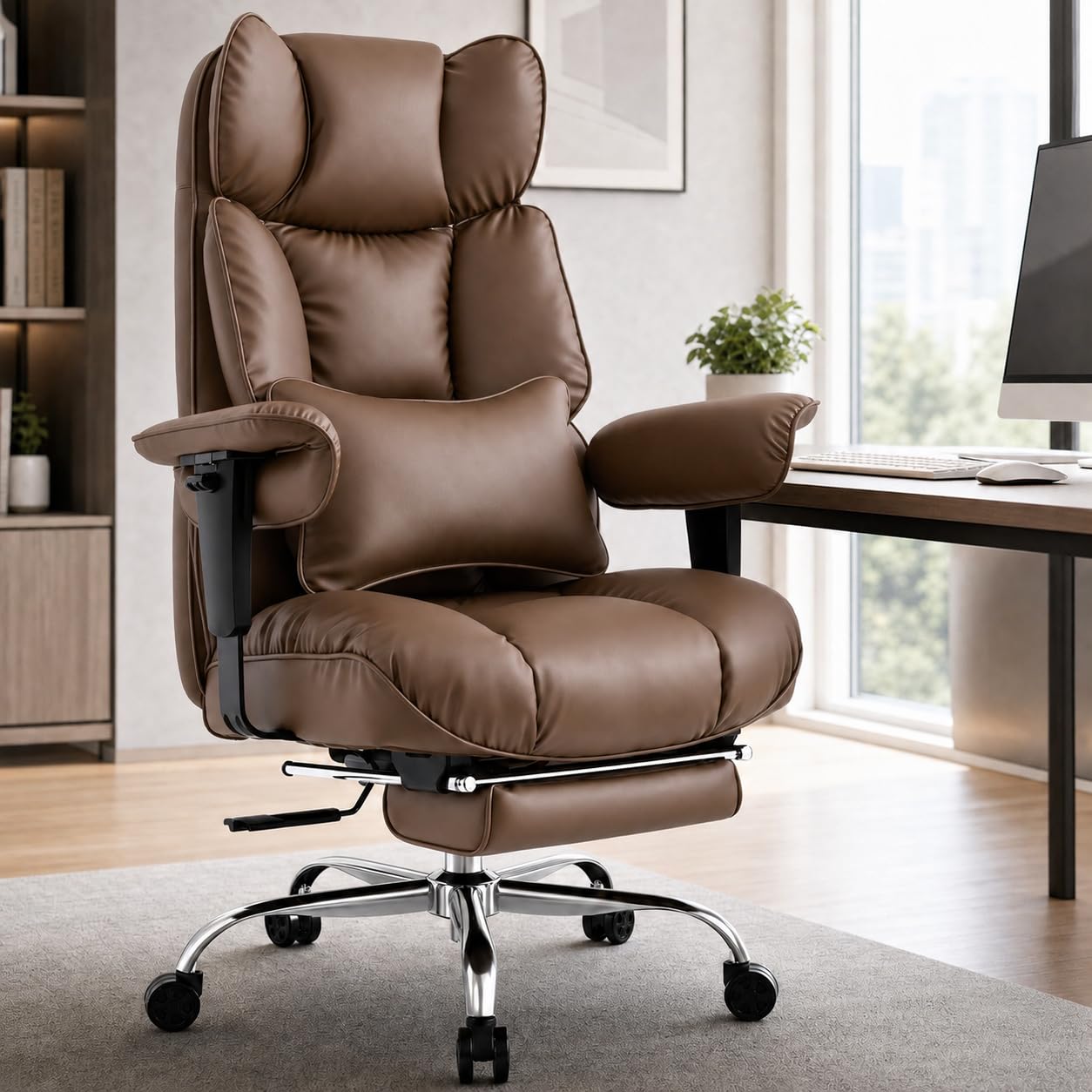Efomao Office Chair with Footrest, High Back Executive Desk Chair, PU Leather Swivel Computer Chair with Lumbar Support Pillow, Padded Armrests, Adjustable Home Office Chair
