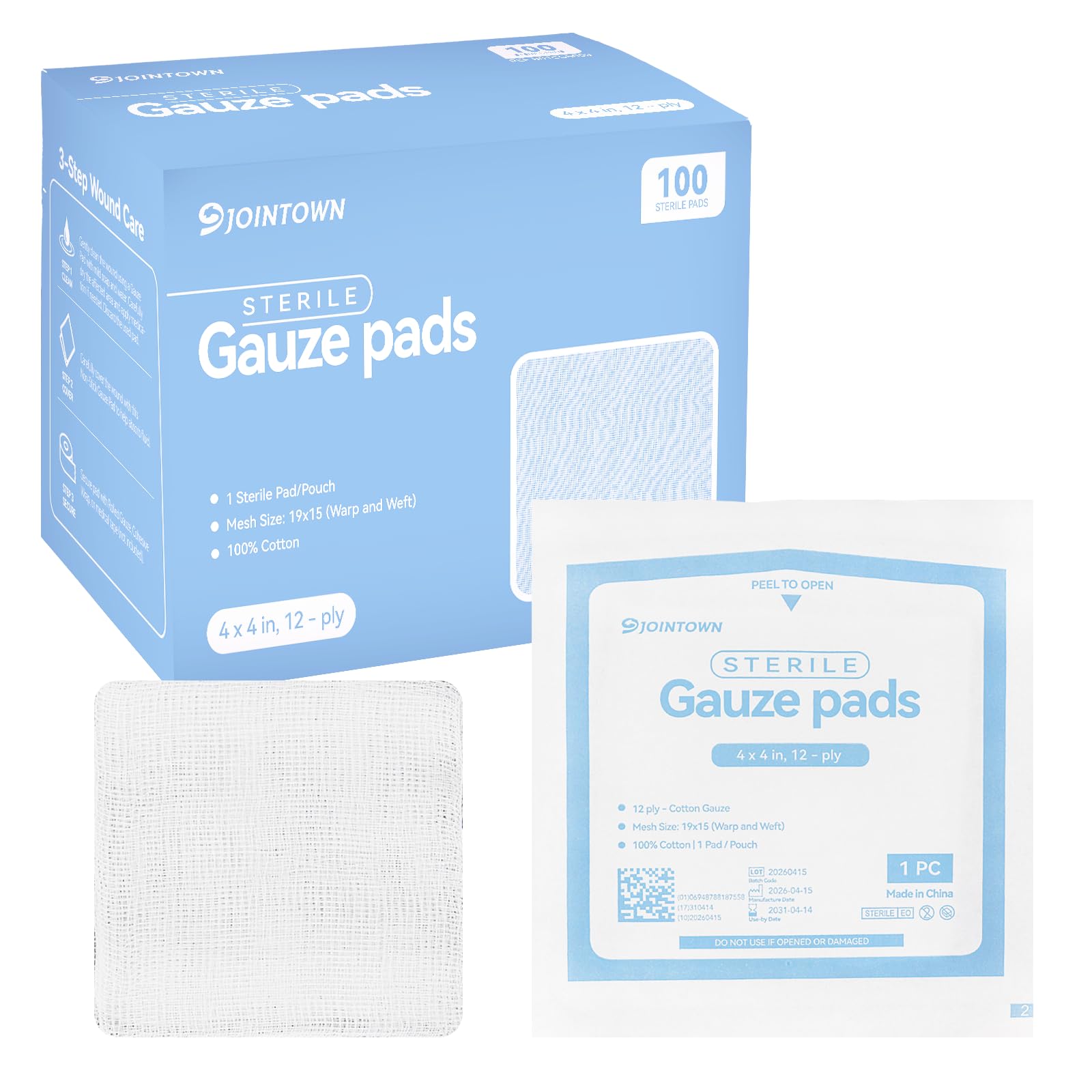 Jointown 100-Pack Sterile Gauze Pads 4x4 Inch, 100% Cotton Large 12-Ply Woven Gauze Sponges, Wound Care, Highly Absorbent Medical-Grade First Aid Dressing Pads