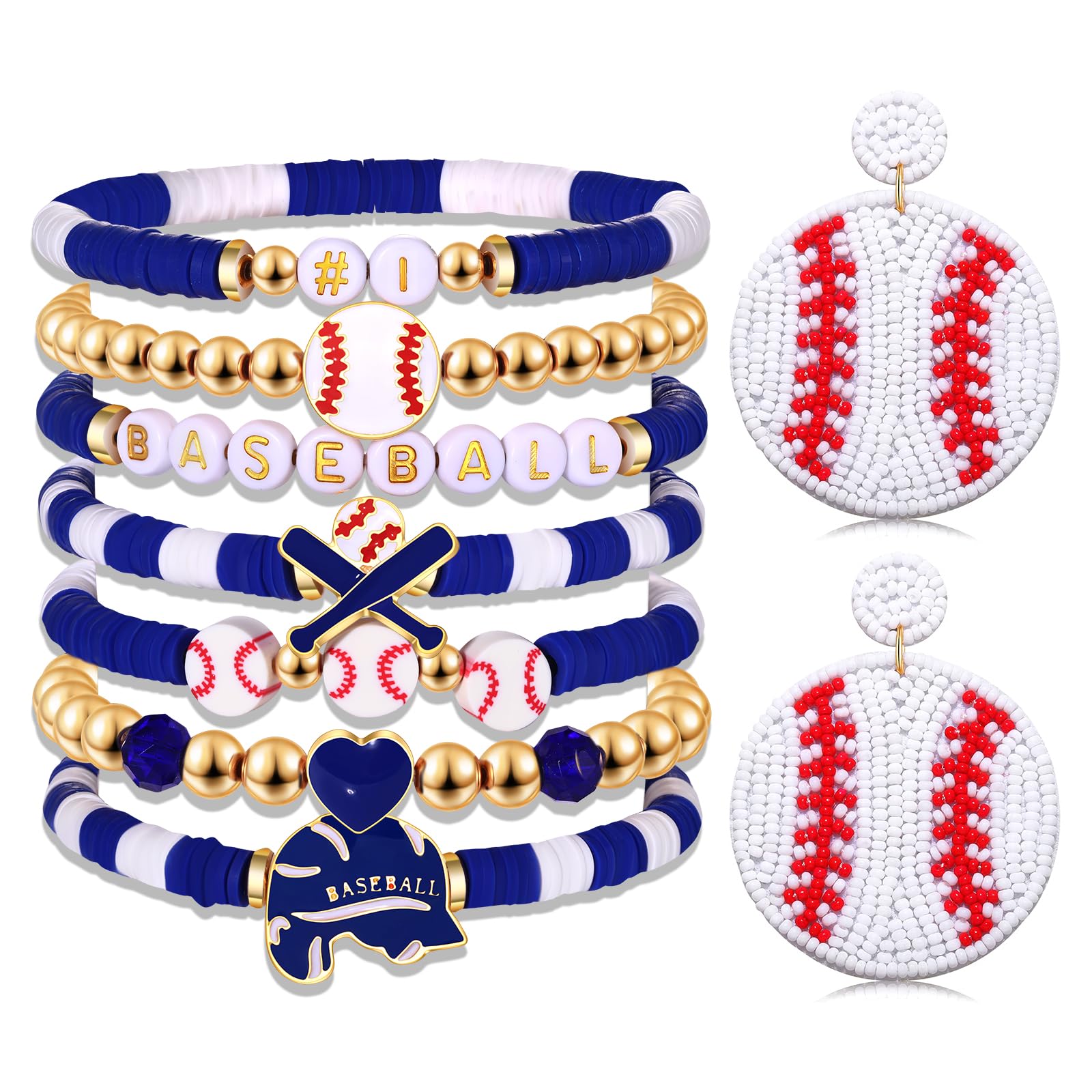 PHALIN Baseball Bracelets Earrings for Women Stackable Preppy Beaded Heishi Bracelets Beaded Dangle Earrings Game Day Sports Baseball Mom Jewelry