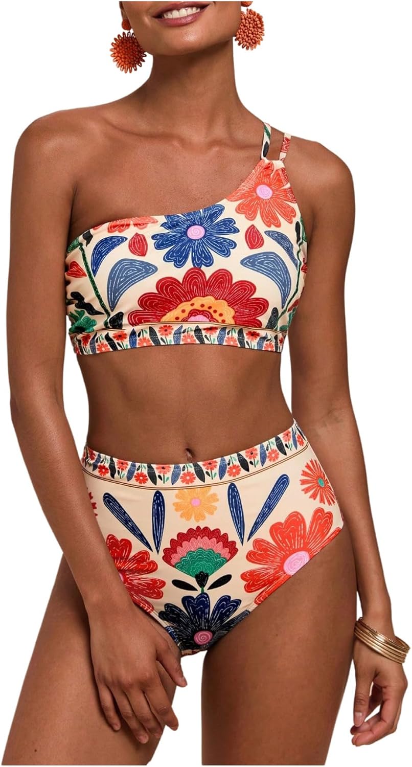 MakeMeChic Women's High Waisted Bikini Set Floral One Shoulder Boho Swimwear Bathing Suit Swimsuit