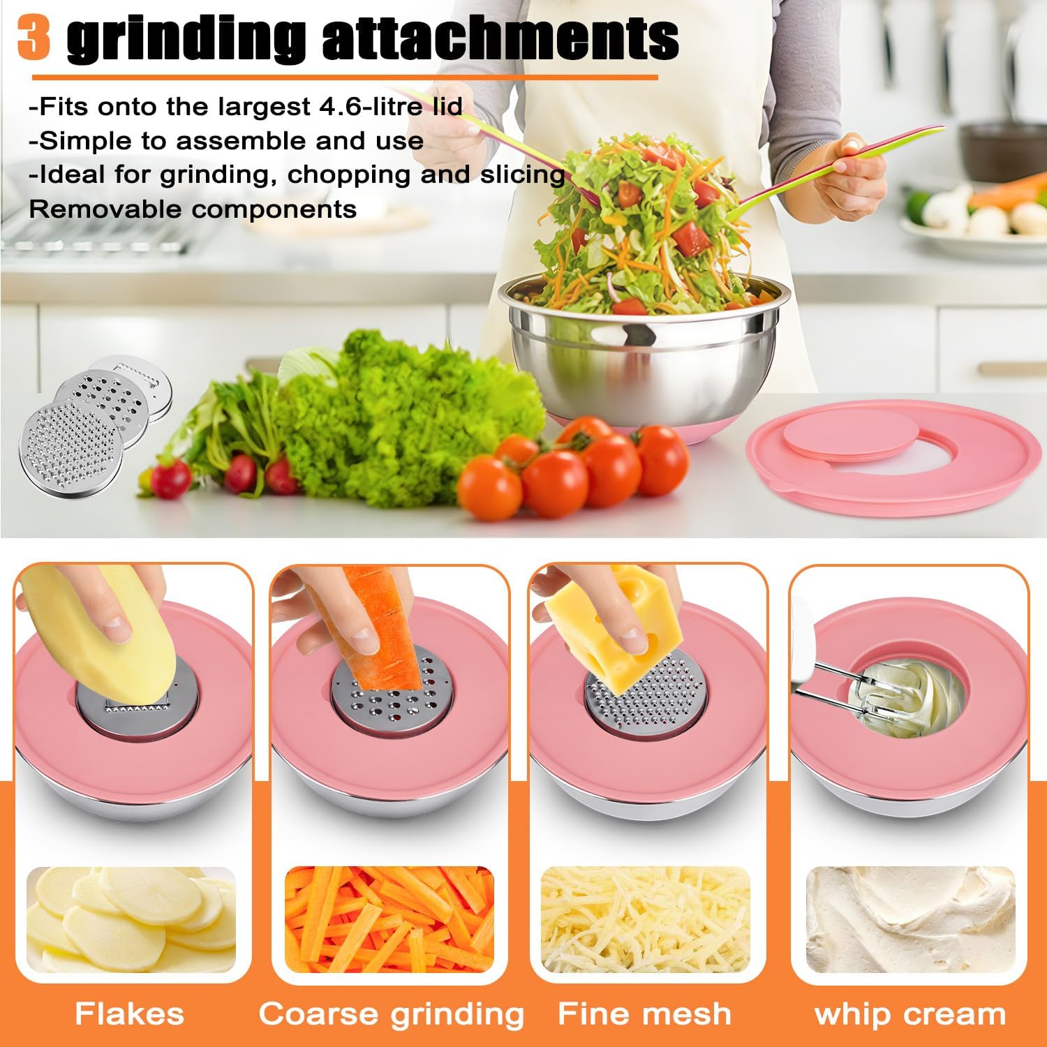 5-Piece Stainless Steel Mixing Bowls Set with Lids, Non-Slip Silicone Base & 3 Grater Attachments – Stackable, Dishwasher Safe for Baking & Meal Prep