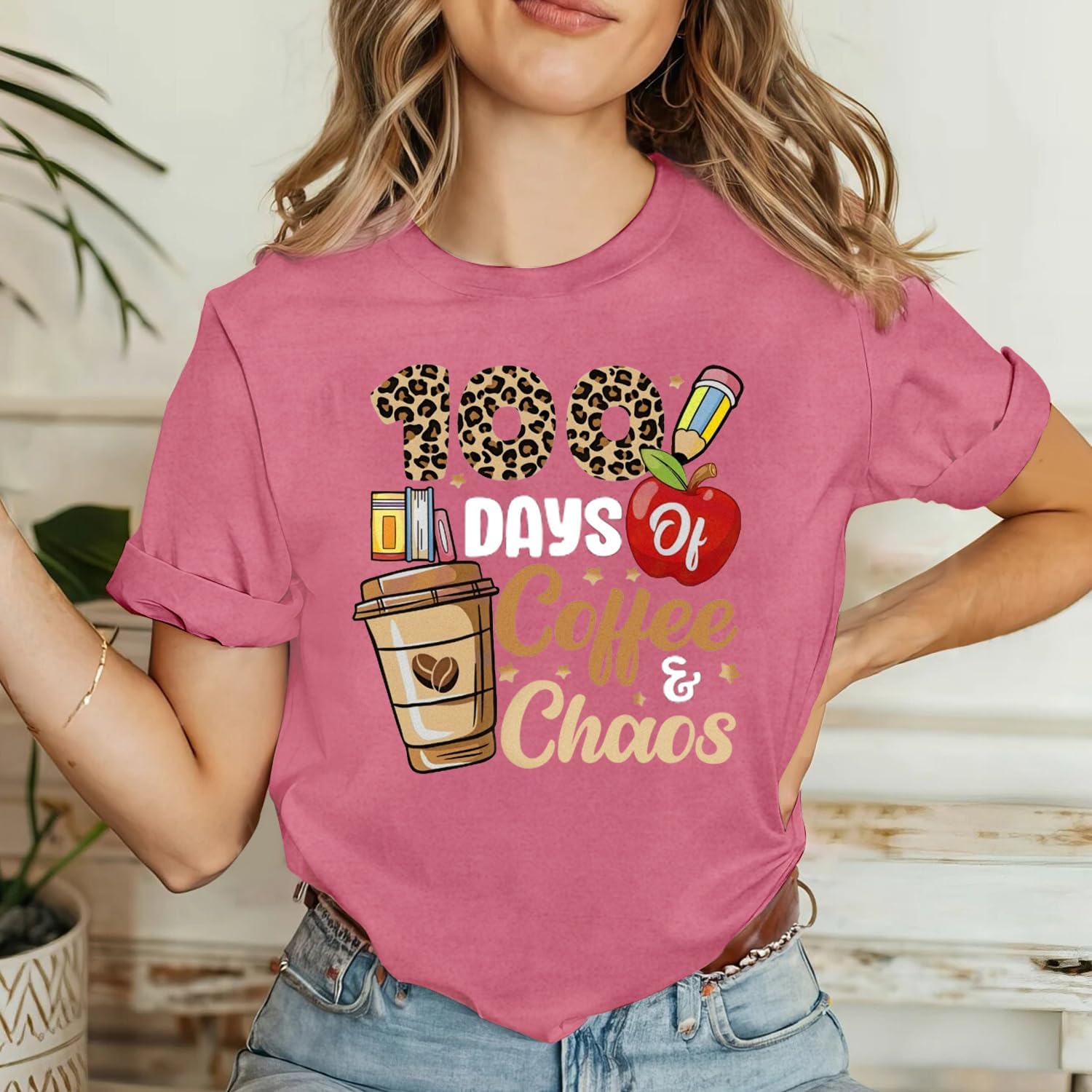 100 Days of School Shirts for Women 100th Day Teachers T-Shirts 100 Days of Coffee and Chaos Short Sleeves - Image 4
