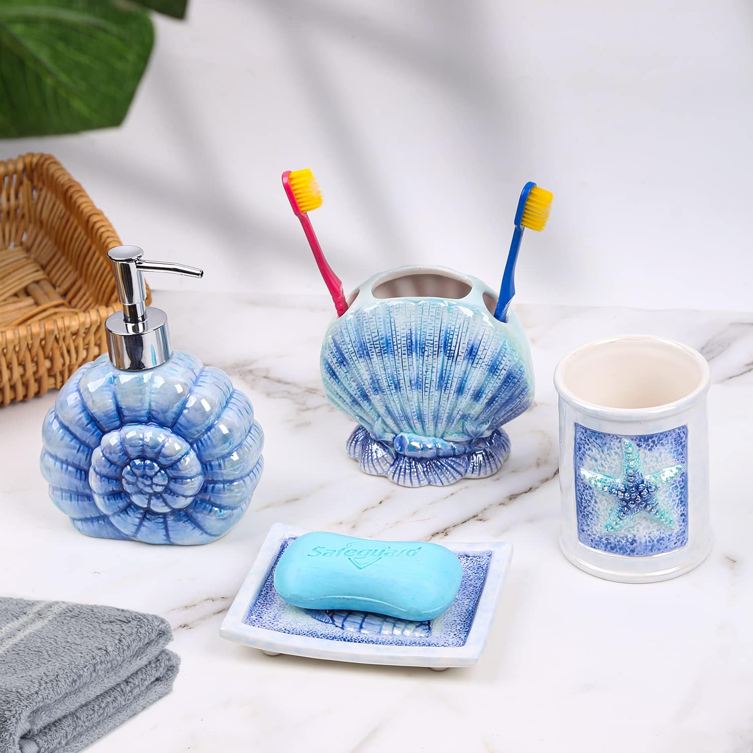 Coastal Ceramic Bathroom Accessory Set - 4 Piece Seashell & Starfish Decor, Includes Soap Dispenser, Toothbrush Holder, Soap Dish & Tumbler, Beach Themed Bath Decor (Blue)